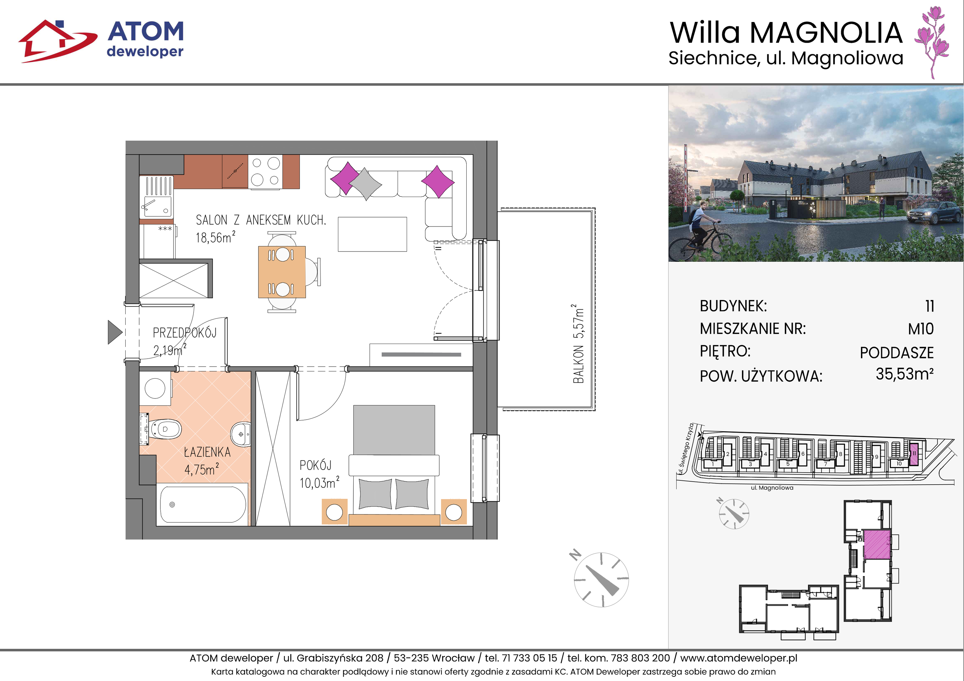 Mieszkanie 35,53 m², piętro 2, oferta nr 11B.M10, Willa Magnolia, Siechnice, ul. Magnoliowa-idx