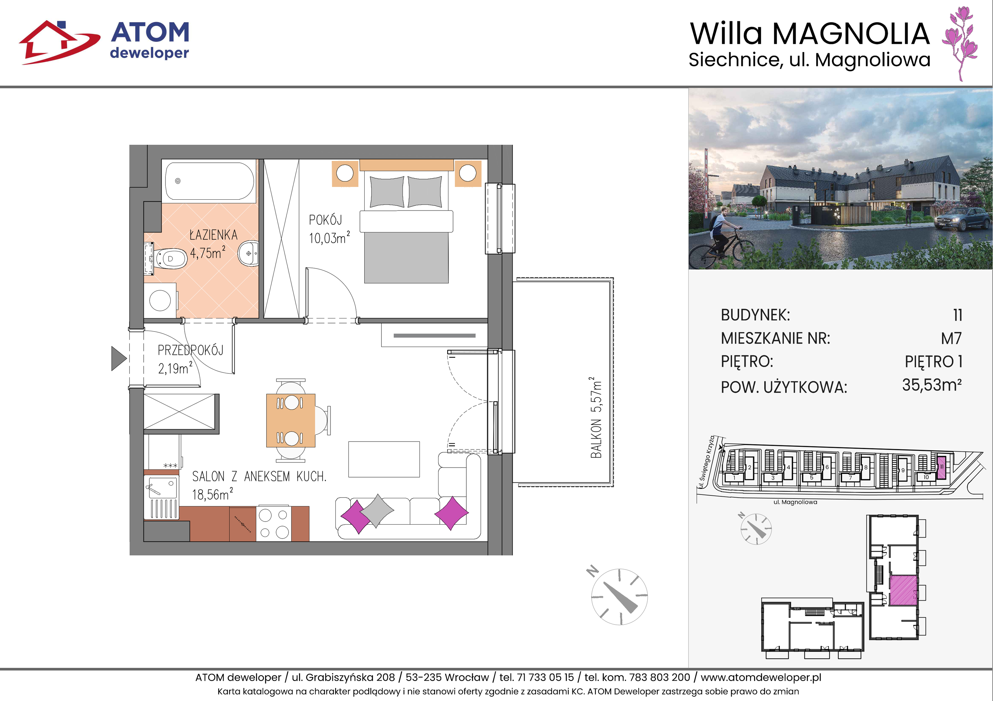 Mieszkanie 35,53 m², piętro 1, oferta nr 11B.M7, Willa Magnolia, Siechnice, ul. Magnoliowa-idx