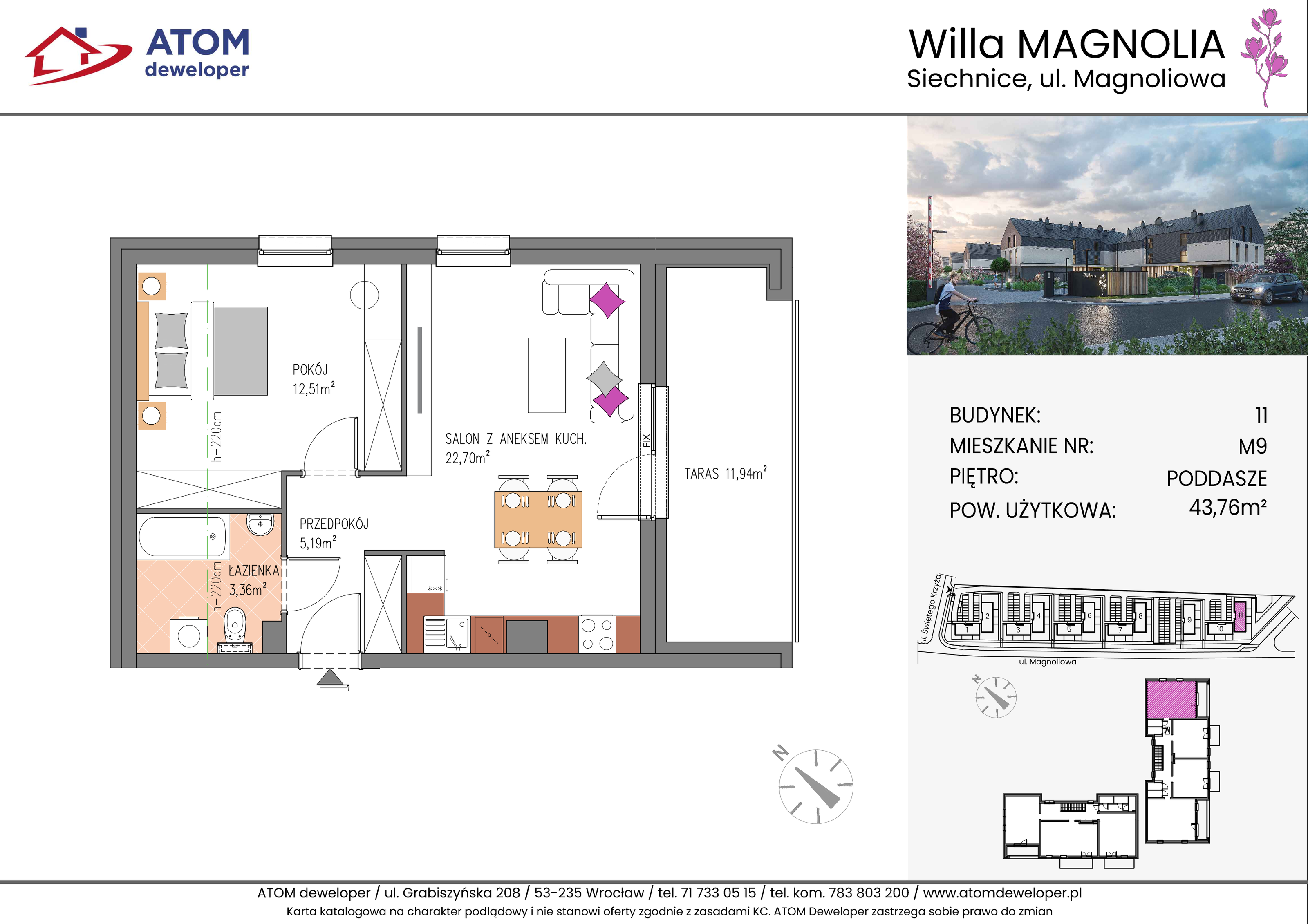 Mieszkanie 43,76 m², piętro 2, oferta nr 11B.M9, Willa Magnolia, Siechnice, ul. Magnoliowa-idx