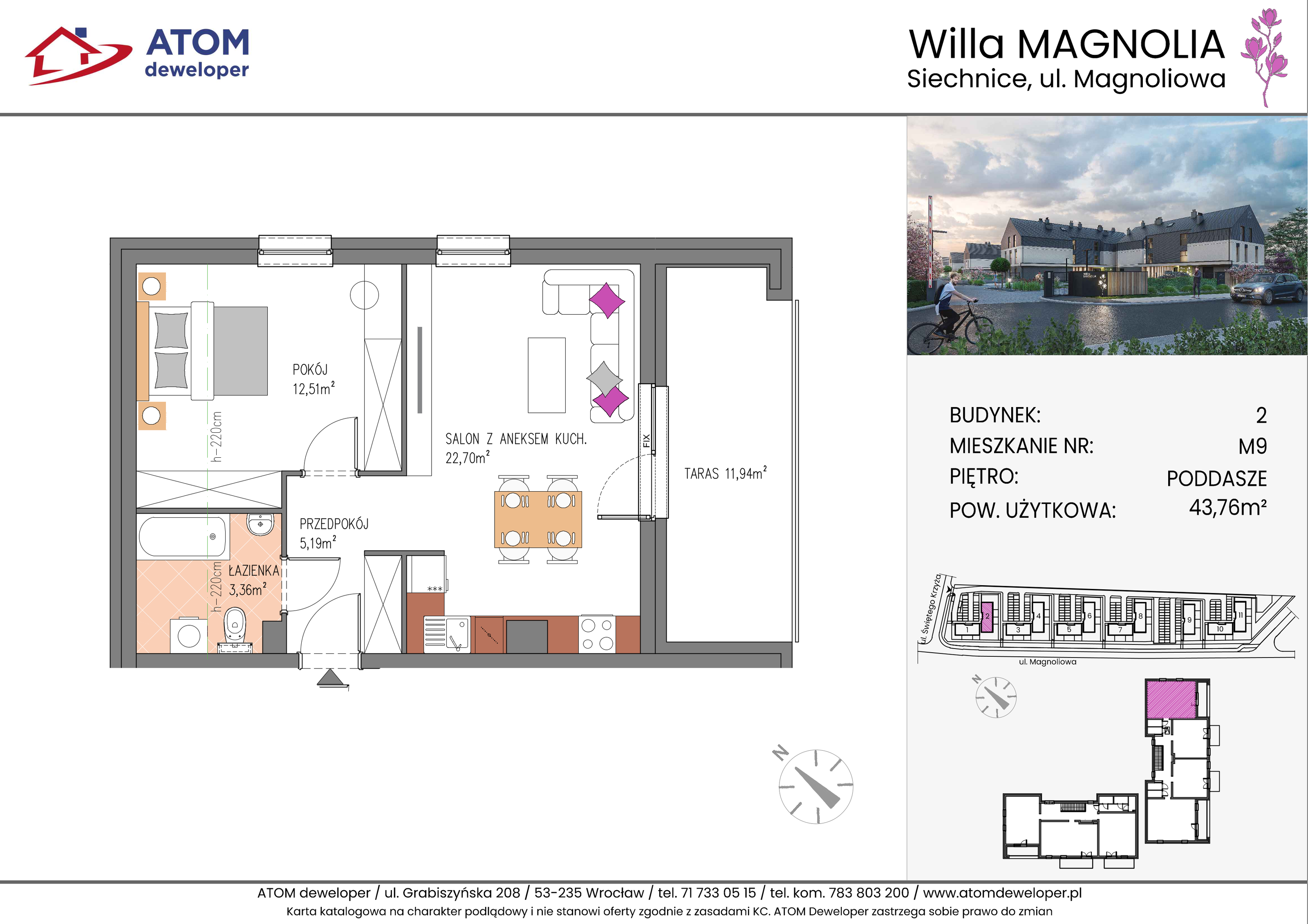 Mieszkanie 43,76 m², piętro 2, oferta nr 2B.M9, Willa Magnolia, Siechnice, ul. Magnoliowa-idx