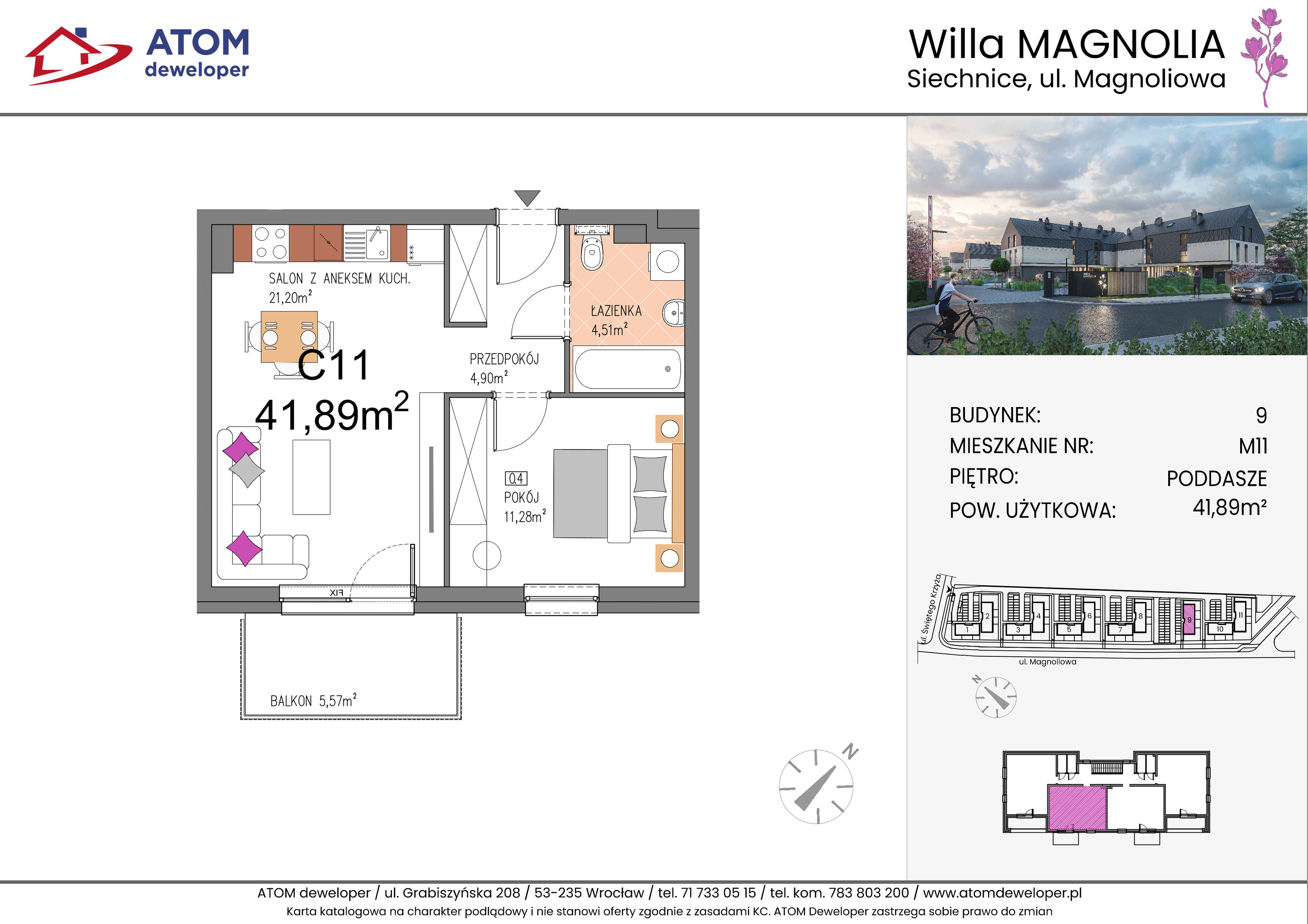 Mieszkanie 41,89 m², piętro 2, oferta nr 9C.M11, Willa Magnolia, Siechnice, ul. Magnoliowa-idx