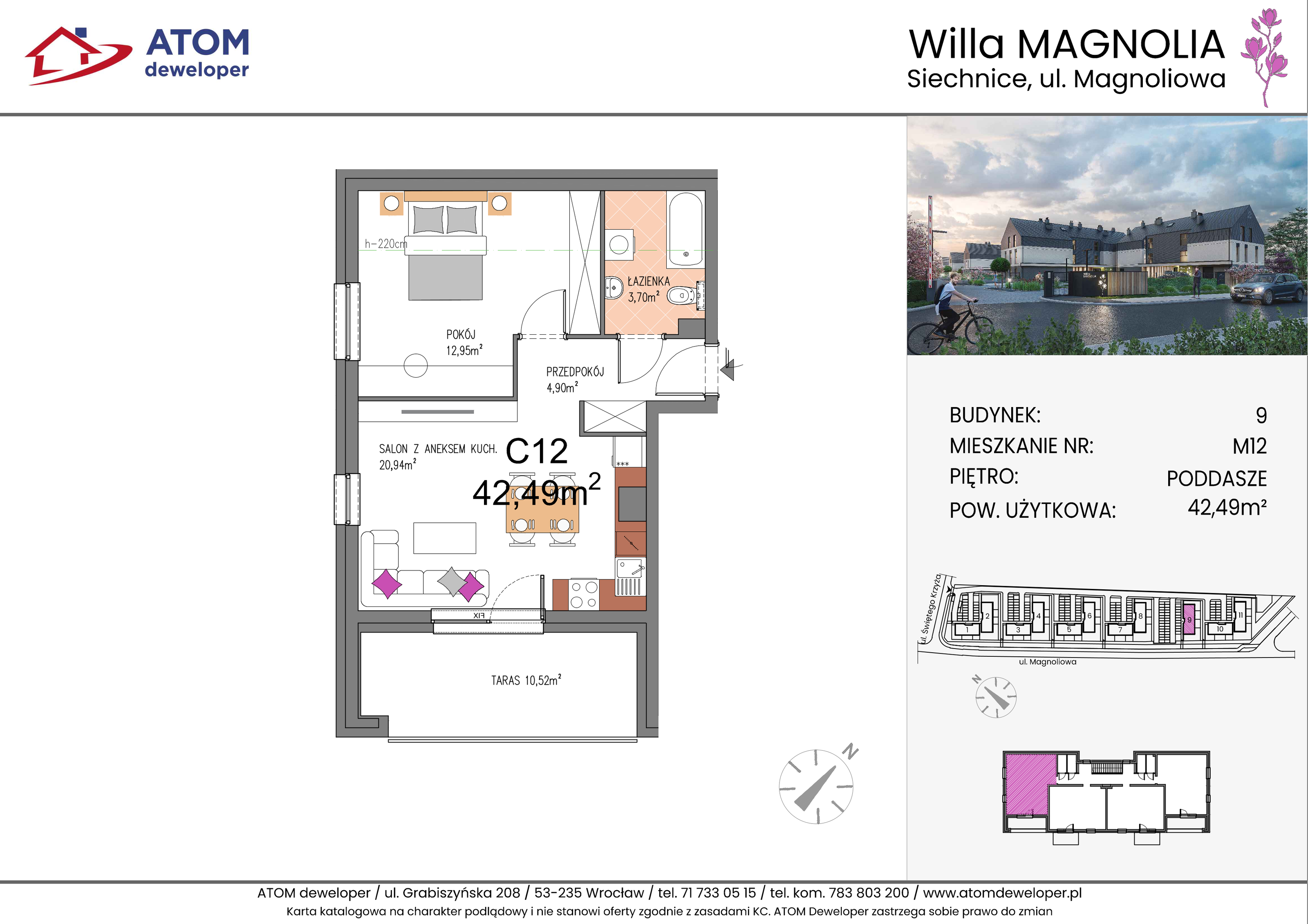 Mieszkanie 42,49 m², piętro 2, oferta nr 9C.M12, Willa Magnolia, Siechnice, ul. Magnoliowa-idx