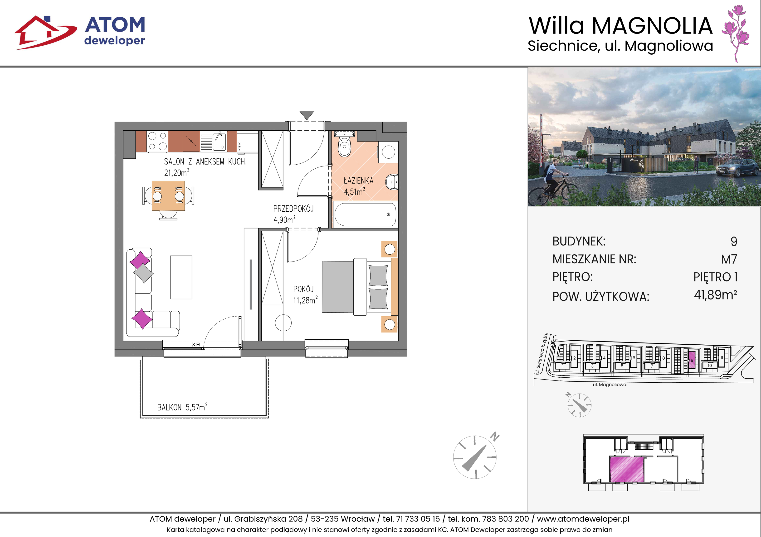 Mieszkanie 41,89 m², piętro 1, oferta nr 9C.M7, Willa Magnolia, Siechnice, ul. Magnoliowa-idx