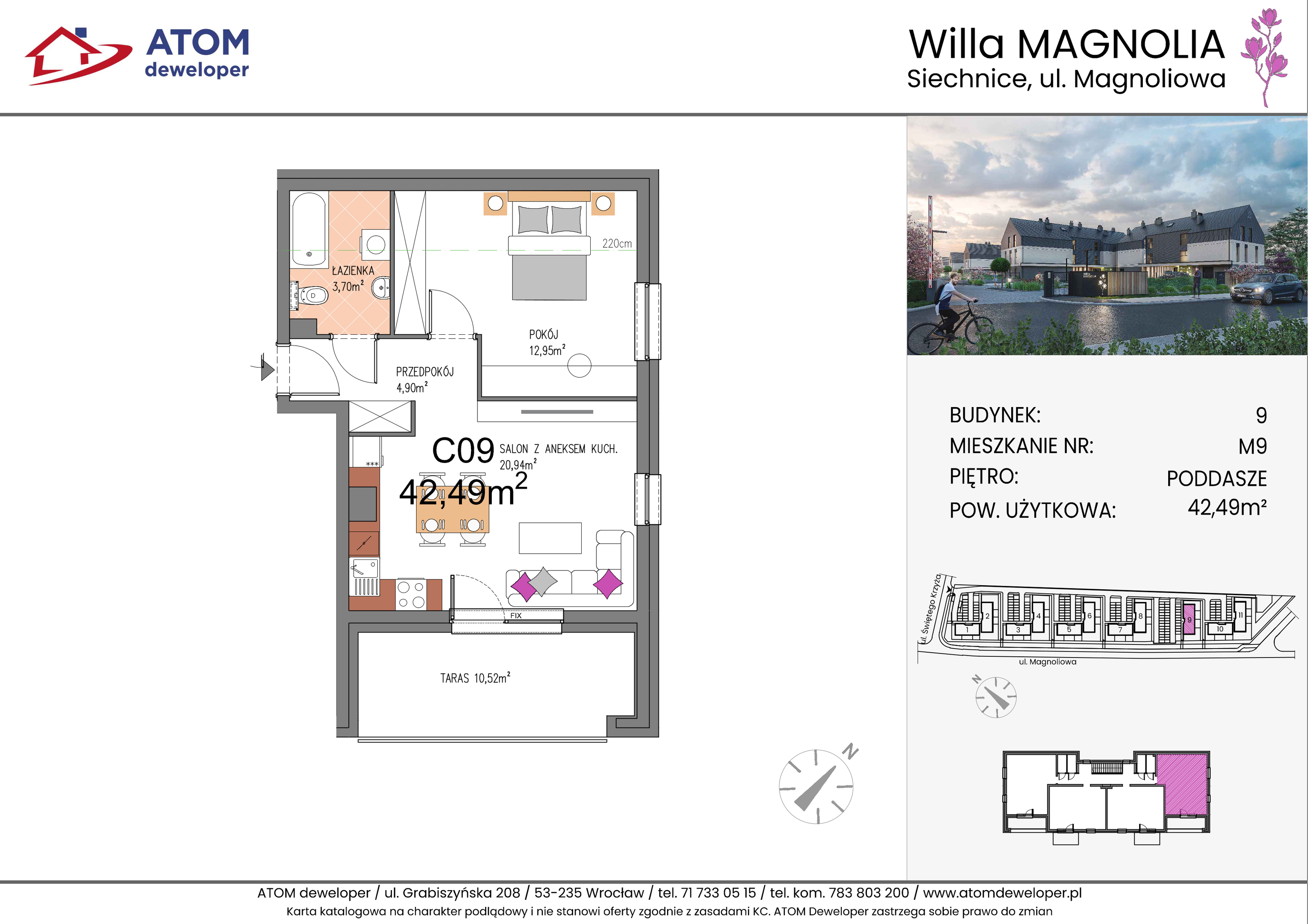 Mieszkanie 42,49 m², piętro 2, oferta nr 9C.M9, Willa Magnolia, Siechnice, ul. Magnoliowa-idx