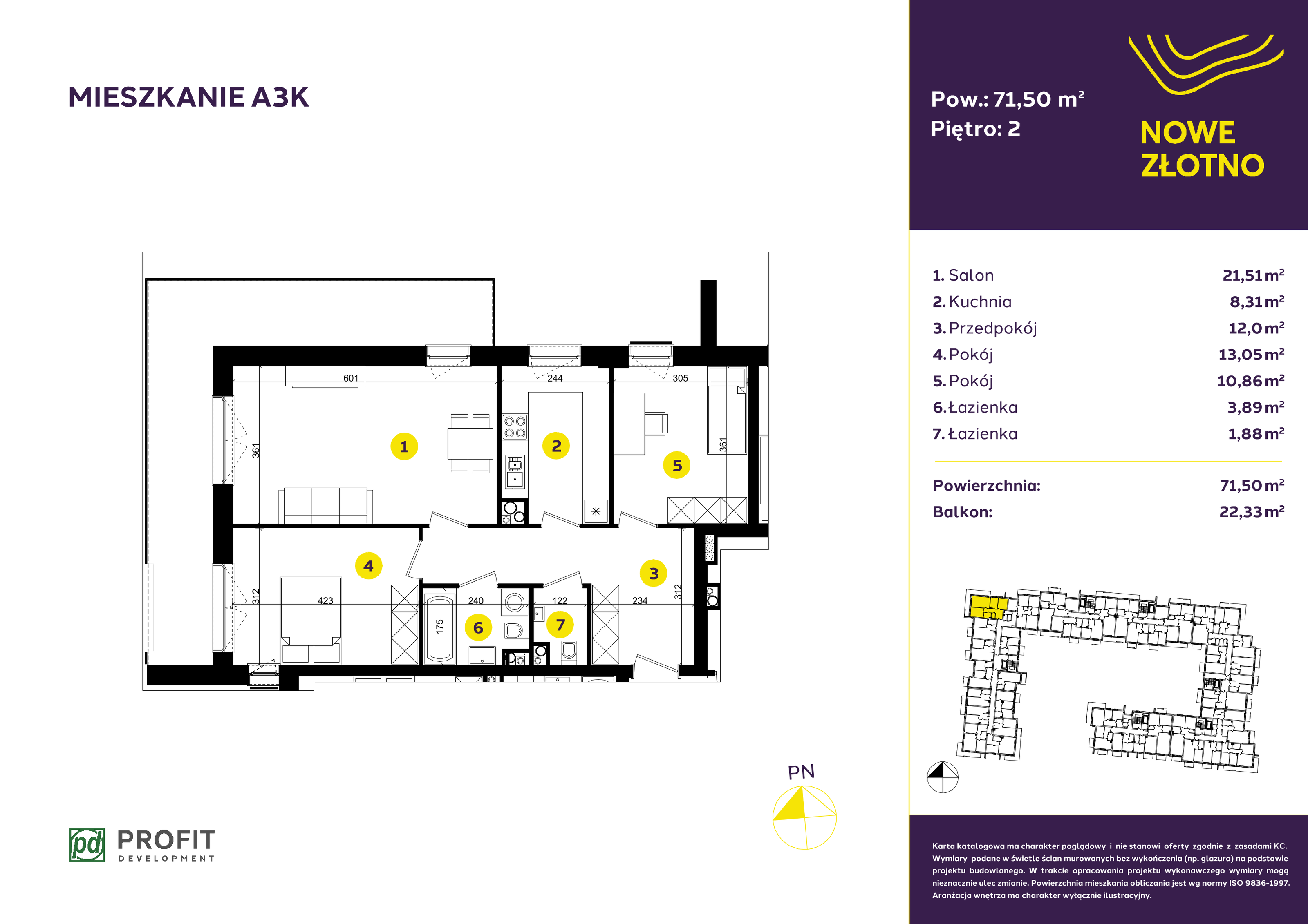 Mieszkanie 71,53 m², piętro 2, oferta nr A-3K, Nowe Złotno, Łódź, Polesie, Złotno, ul. Traktorowa 24-idx