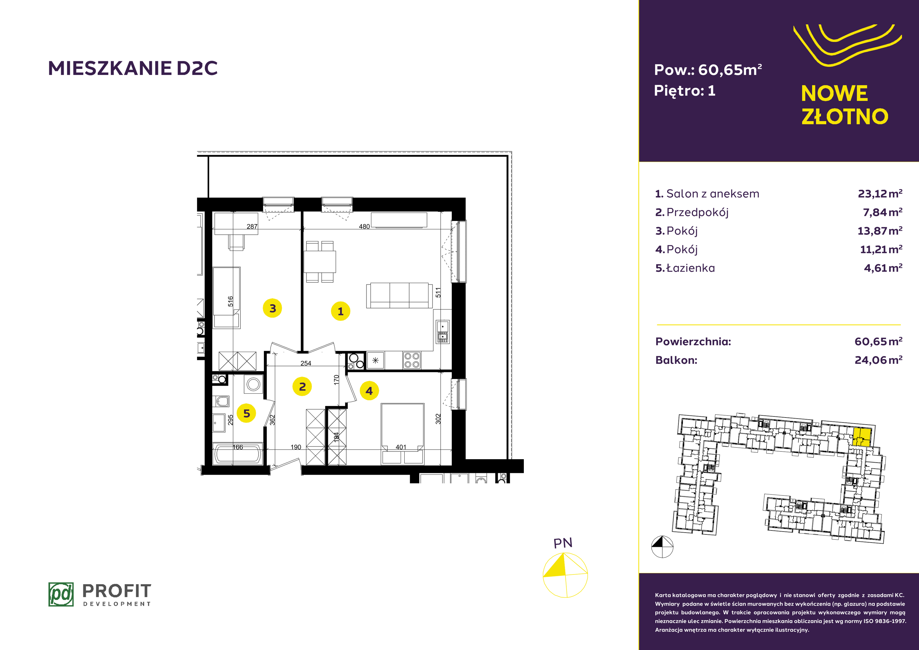 Mieszkanie 60,65 m², piętro 1, oferta nr D-2C, Nowe Złotno, Łódź, Polesie, Złotno, ul. Traktorowa 24-idx