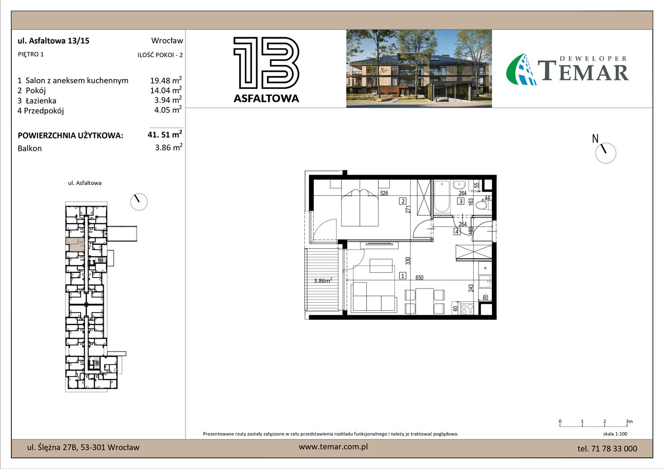 Mieszkanie 41,51 m², piętro 1, oferta nr 13/15, ASFALTOWA 13, Wrocław, Wojszyce, Krzyki, ul. Asfaltowa 13-idx