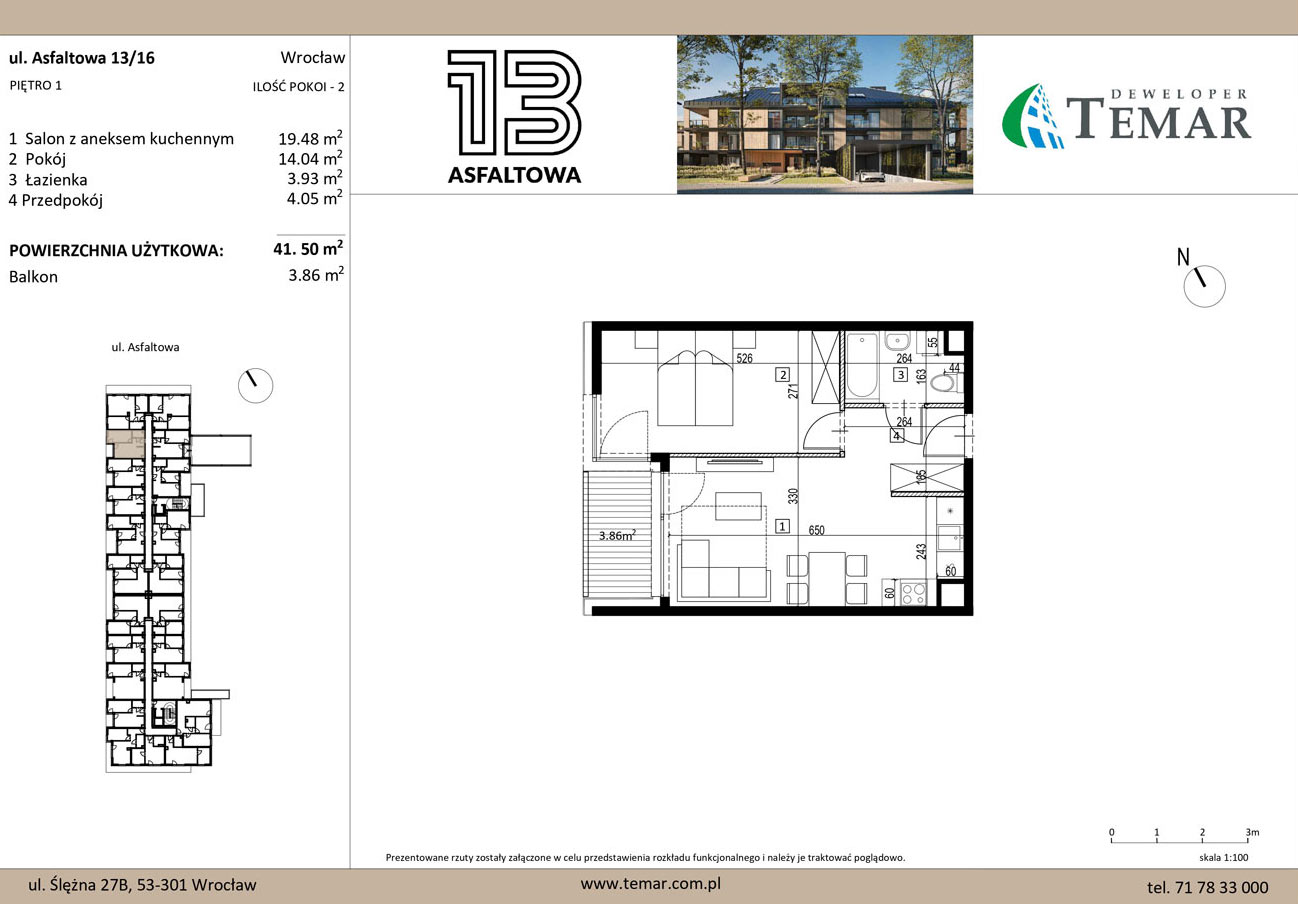 Mieszkanie 41,50 m², piętro 1, oferta nr 13/16, ASFALTOWA 13, Wrocław, Wojszyce, Krzyki, ul. Asfaltowa 13-idx