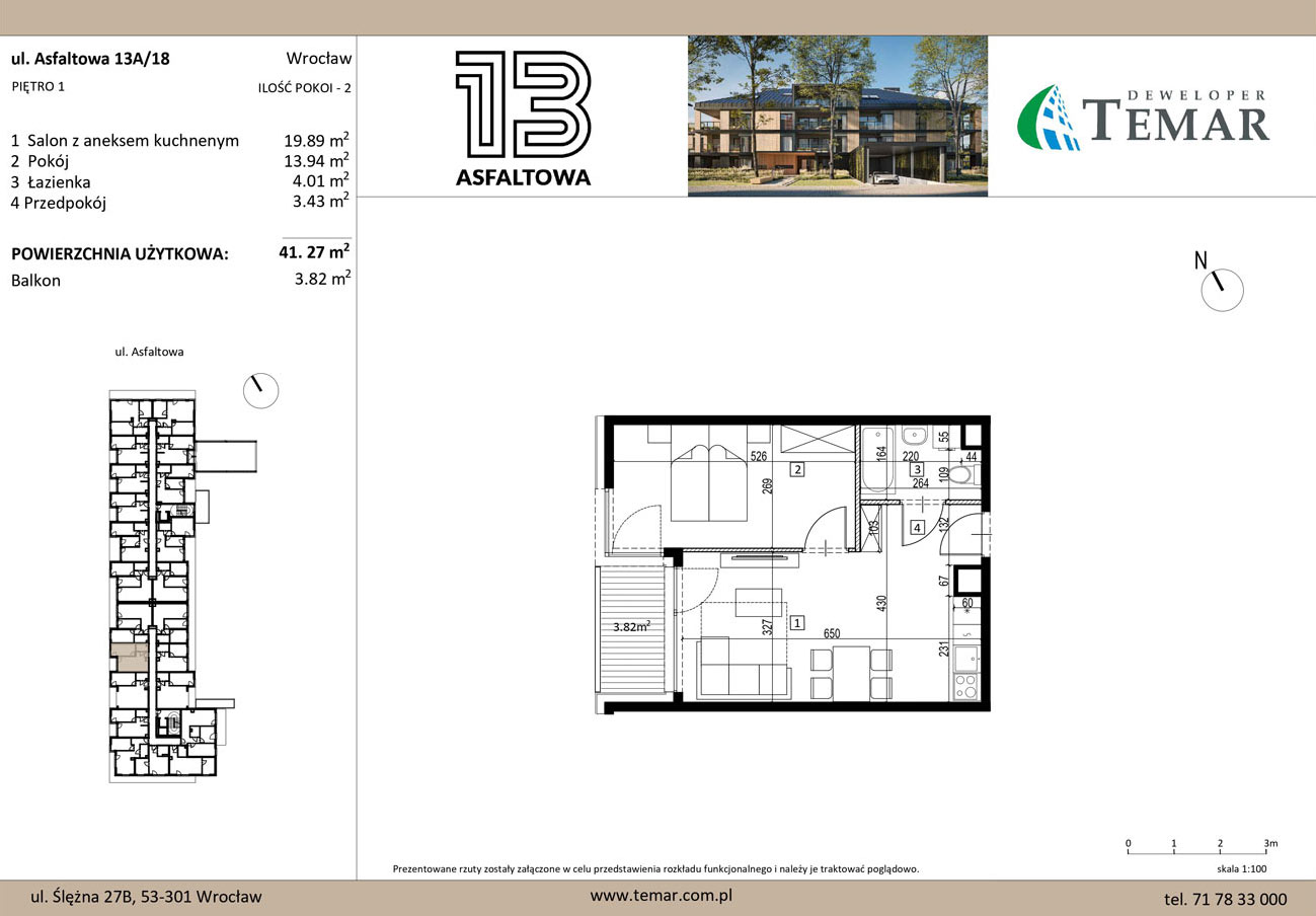 Mieszkanie 41,27 m², piętro 1, oferta nr 13A/18, ASFALTOWA 13, Wrocław, Wojszyce, Krzyki, ul. Asfaltowa 13-idx