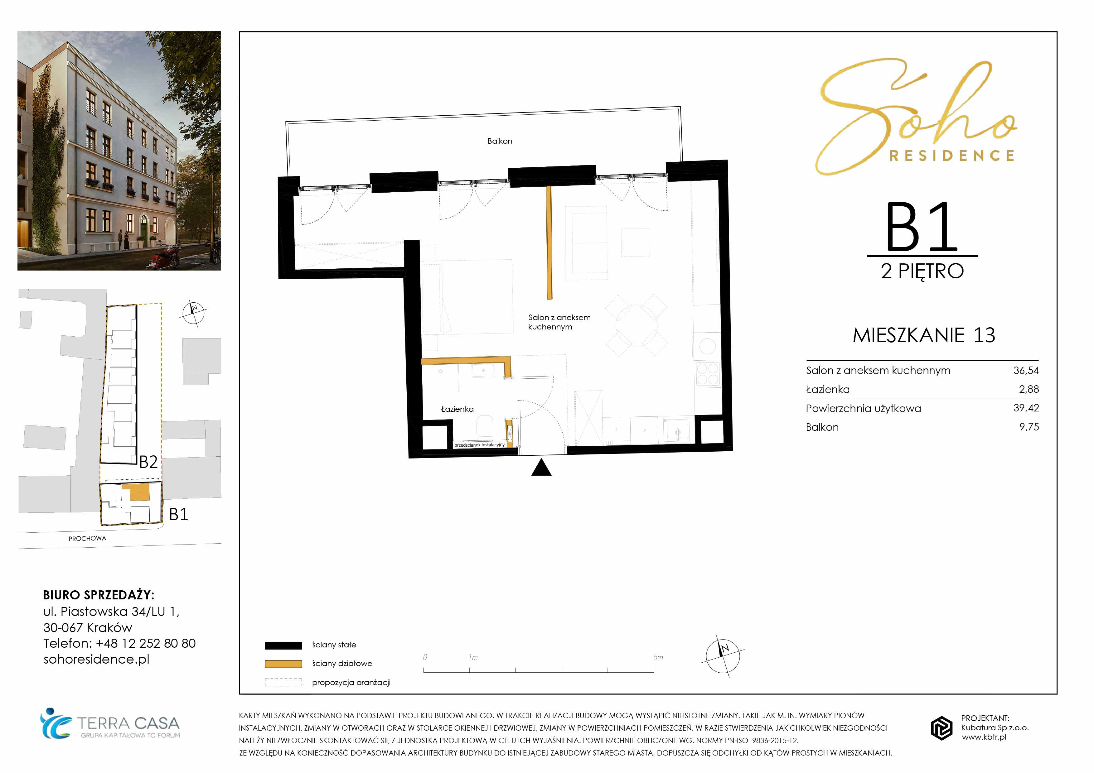 Apartament 39,42 m², piętro 2, oferta nr 13B1, SoHo Residence II, Kraków, Grzegórzki, ul. Prochowa 8-idx