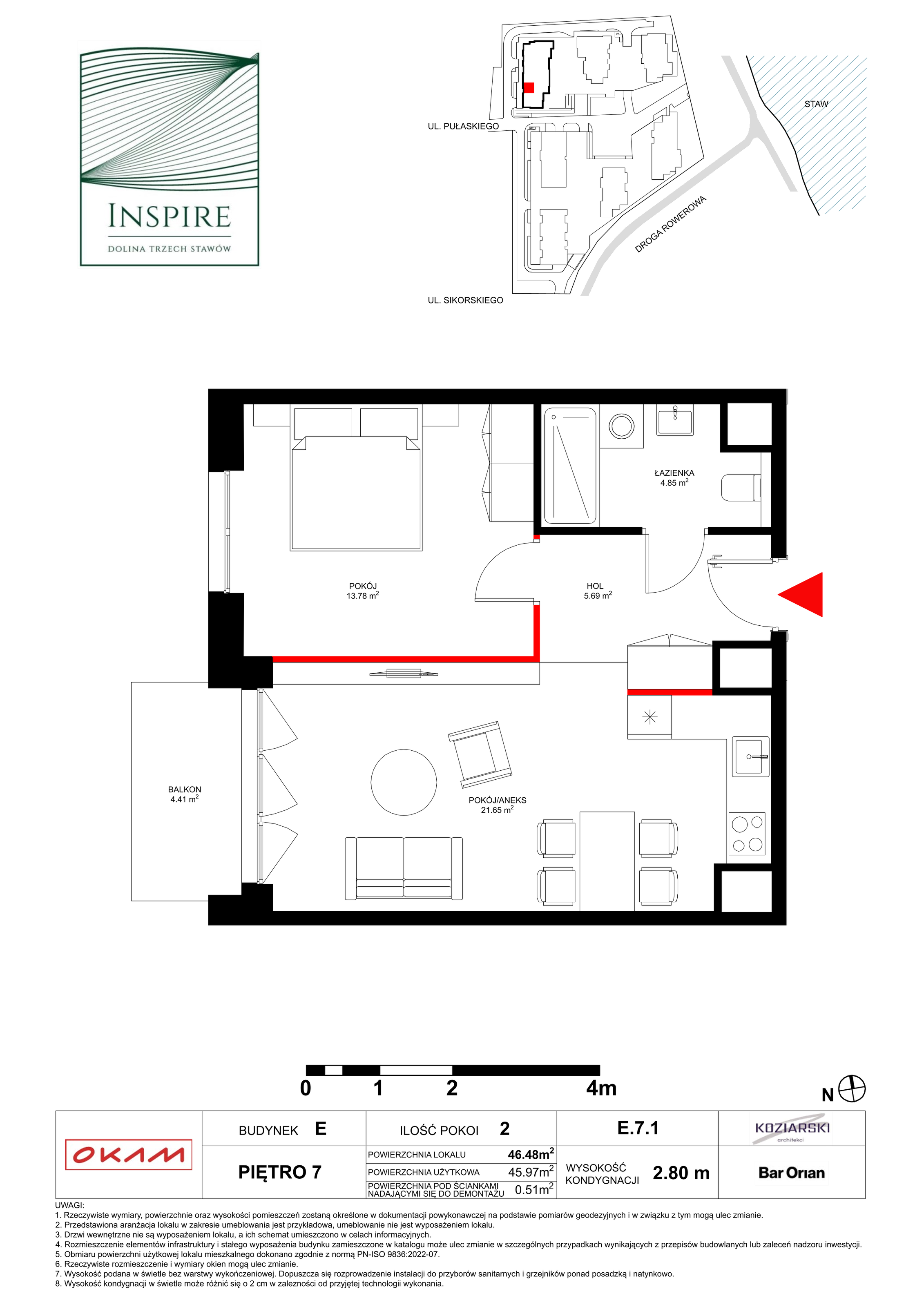 Mieszkanie 45,97 m², piętro 7, oferta nr E.7.1, Inspire, Katowice, Osiedle Paderewskiego-Muchowiec, Dolina Trzech Stawów, ul. gen. Sikorskiego 41-idx