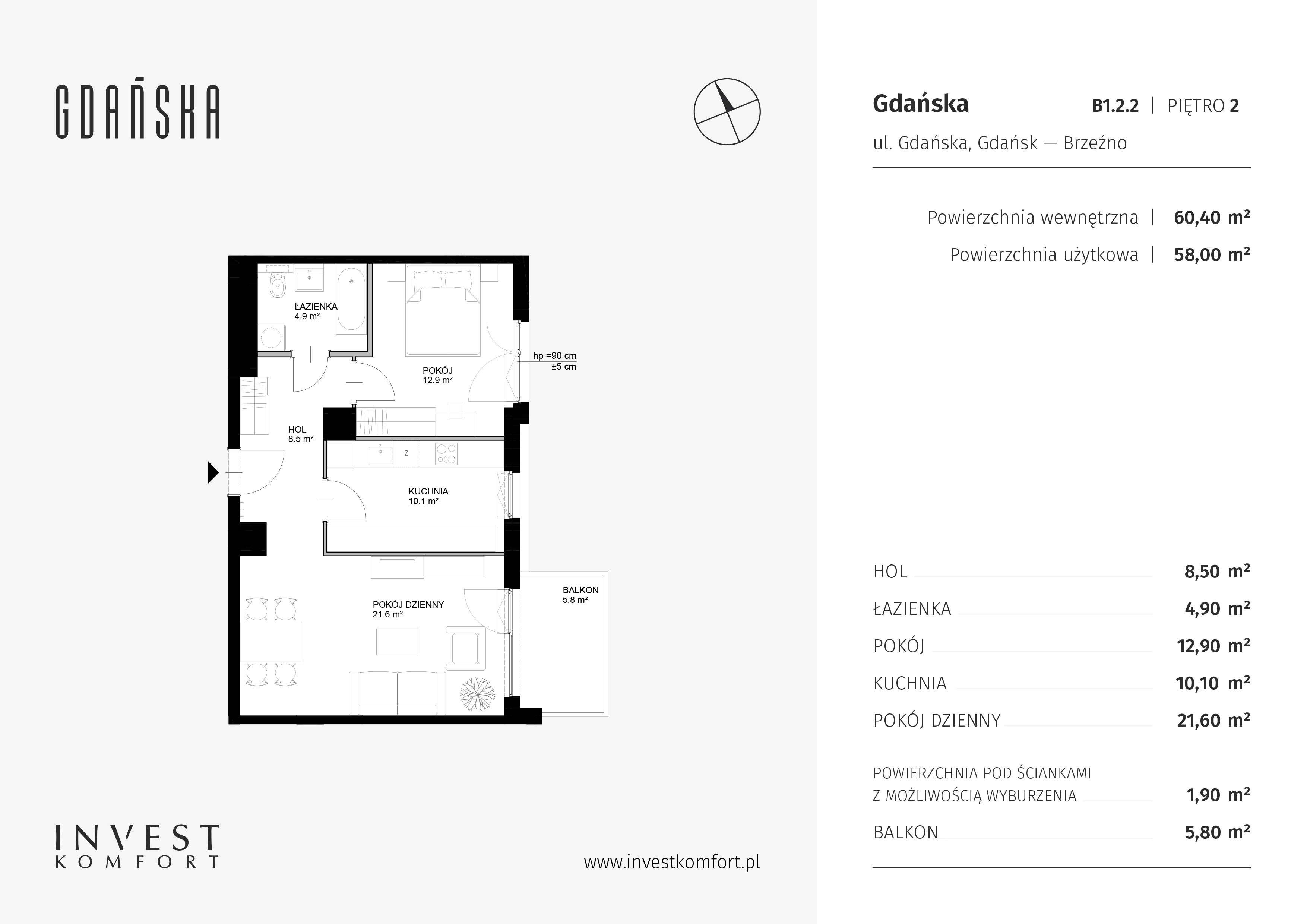 Mieszkanie 60,40 m², piętro 1, oferta nr GDAN_B_B1.2.2, Gdańska, Gdańsk, Brzeźno, ul. Gdańska-idx