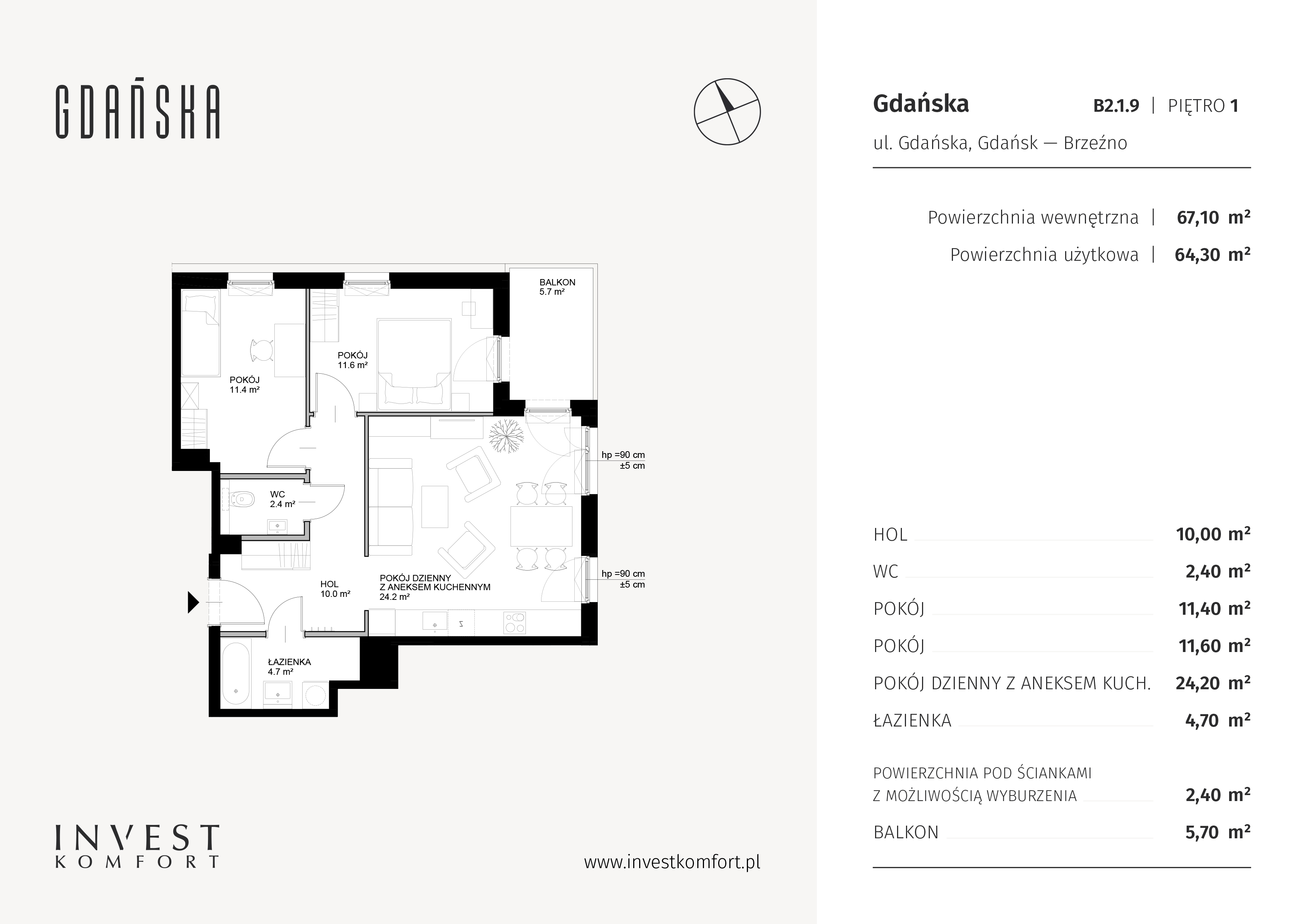 Mieszkanie 67,10 m², piętro 1, oferta nr GDAN_B_B2.1.9, Gdańska, Gdańsk, Brzeźno, ul. Gdańska-idx