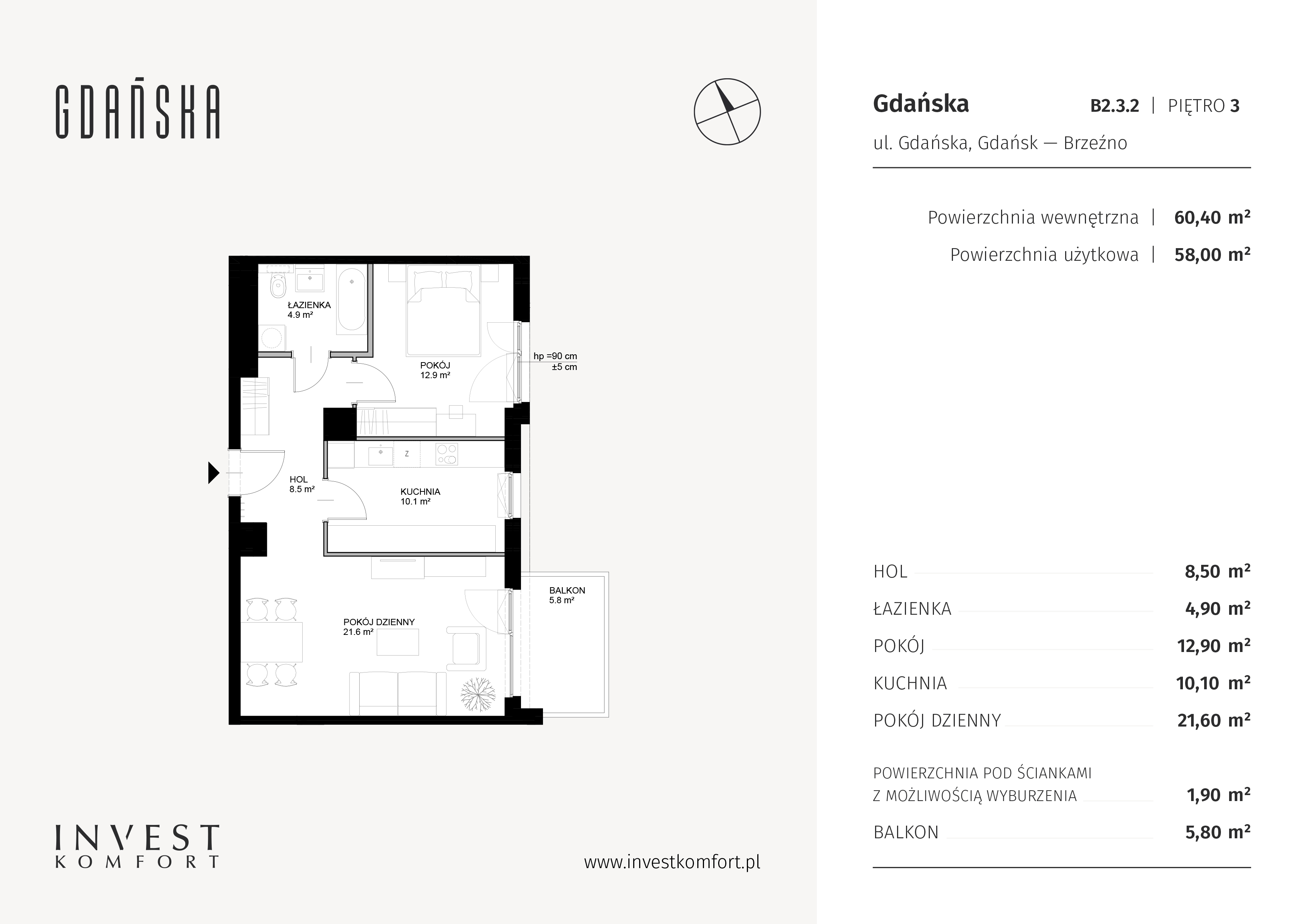 Mieszkanie 60,40 m², piętro 3, oferta nr GDAN_B_B2.3.2, Gdańska, Gdańsk, Brzeźno, ul. Gdańska-idx