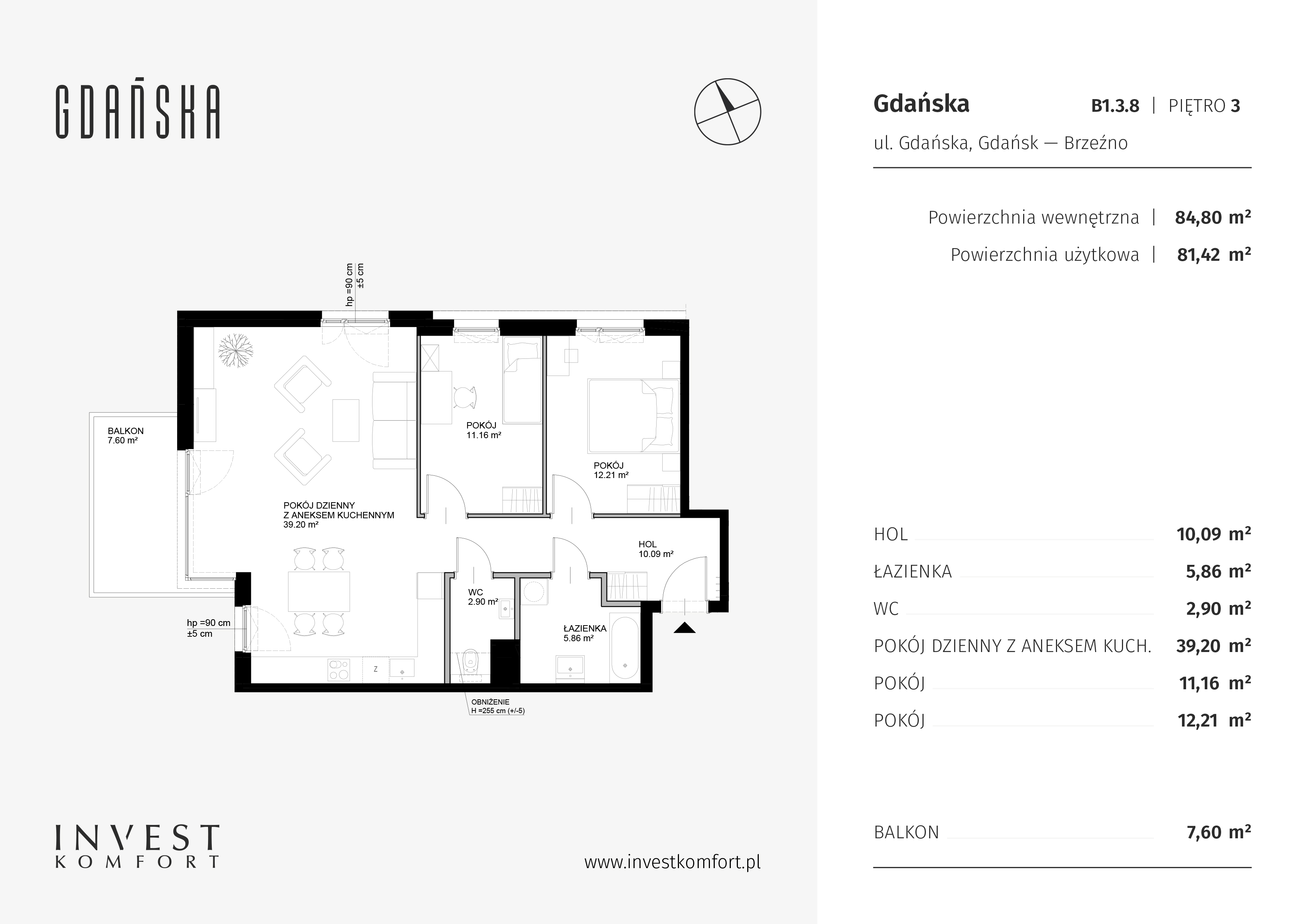 Mieszkanie 84,80 m², piętro 3, oferta nr GDAN_B_B1.3.8, Gdańska, Gdańsk, Brzeźno, ul. Gdańska-idx