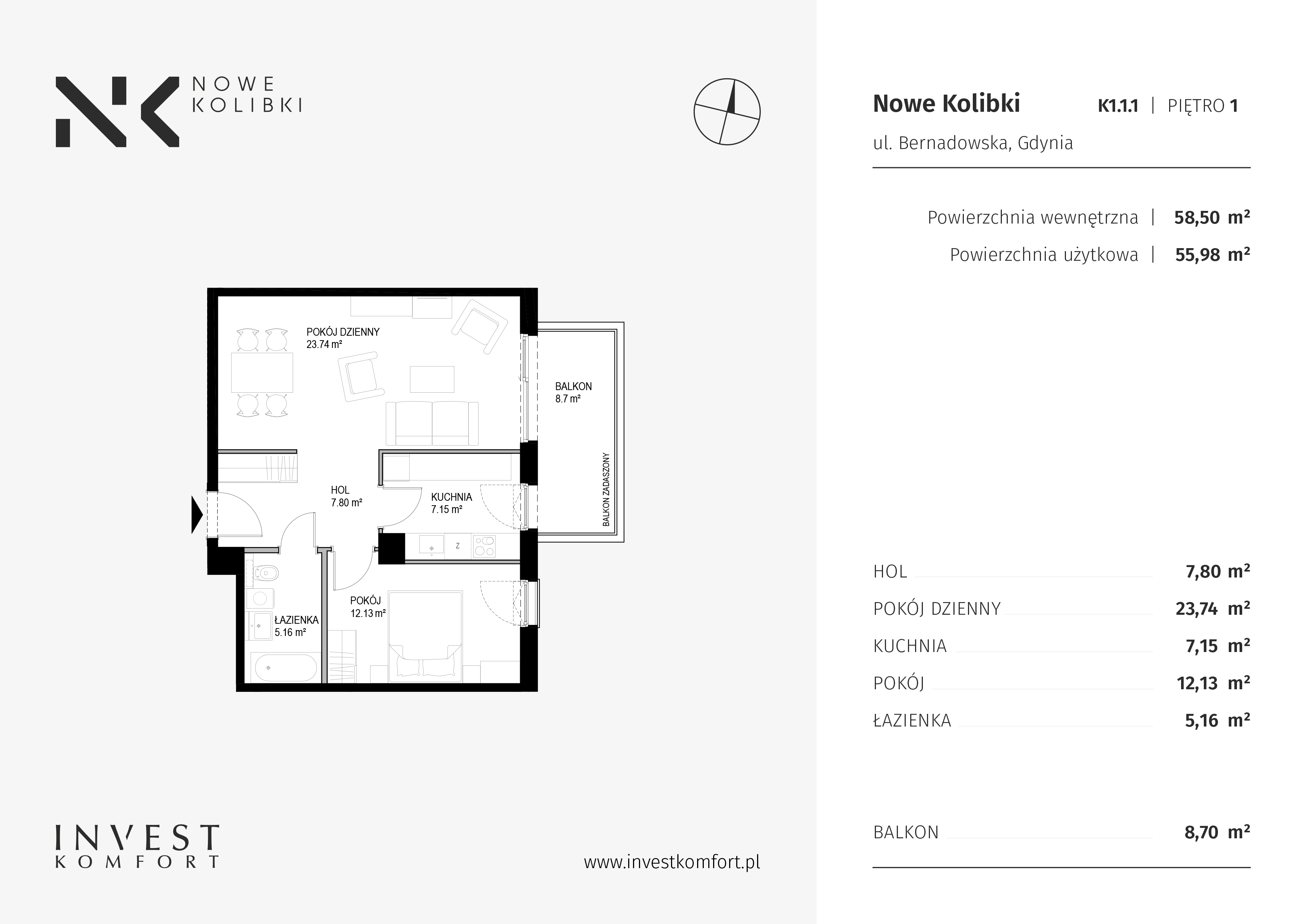 Apartament 55,98 m², piętro 1, oferta nr BER2_IJK_K1.1.1, Nowe Kolibki, Gdynia, Orłowo, Kolibki, ul. Bernadowska-idx