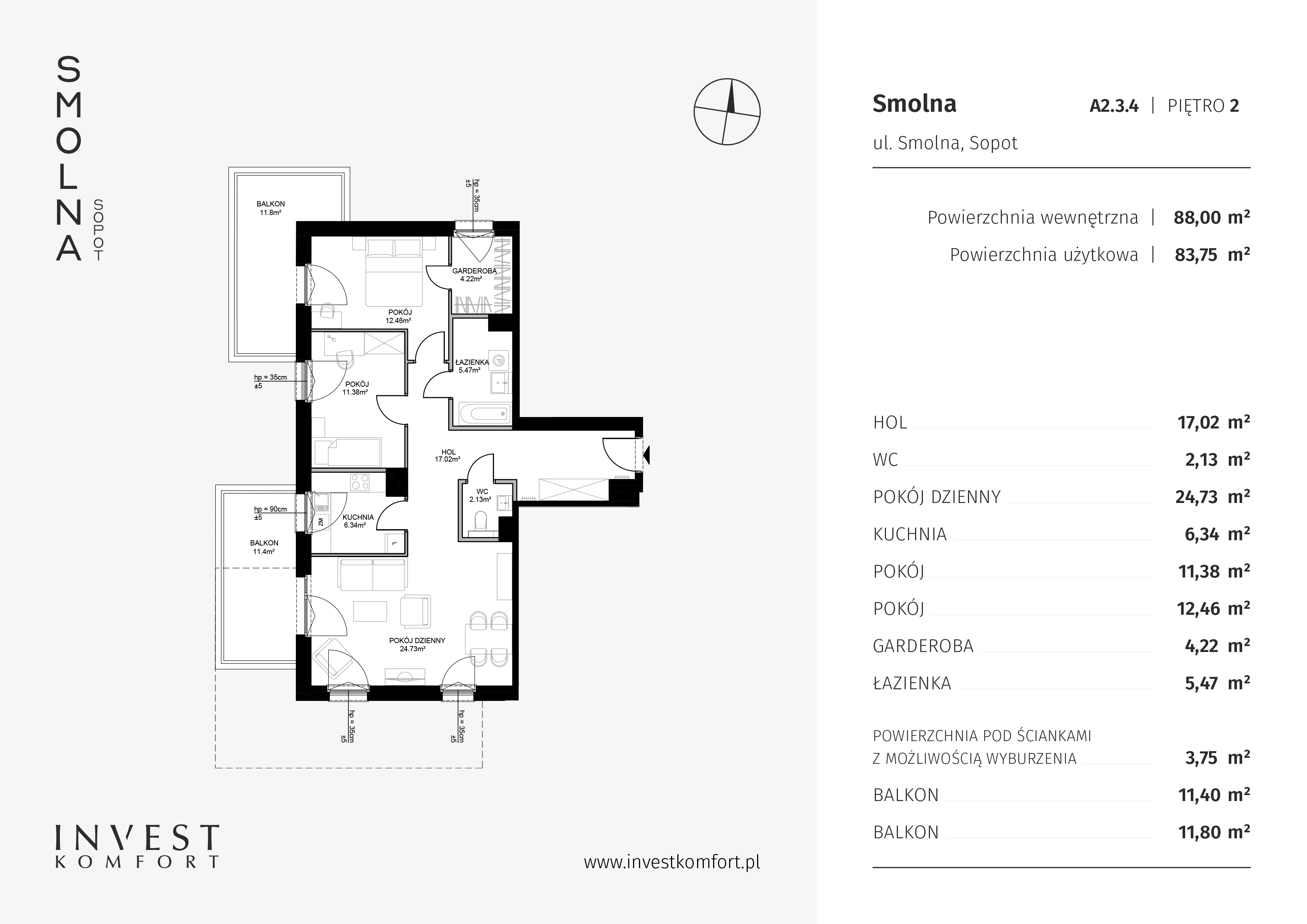 Mieszkanie 88,00 m², piętro 2, oferta nr SMOL_ABC_A2.3.4, Smolna , Sopot, Świemirowo, ul. Smolna-idx