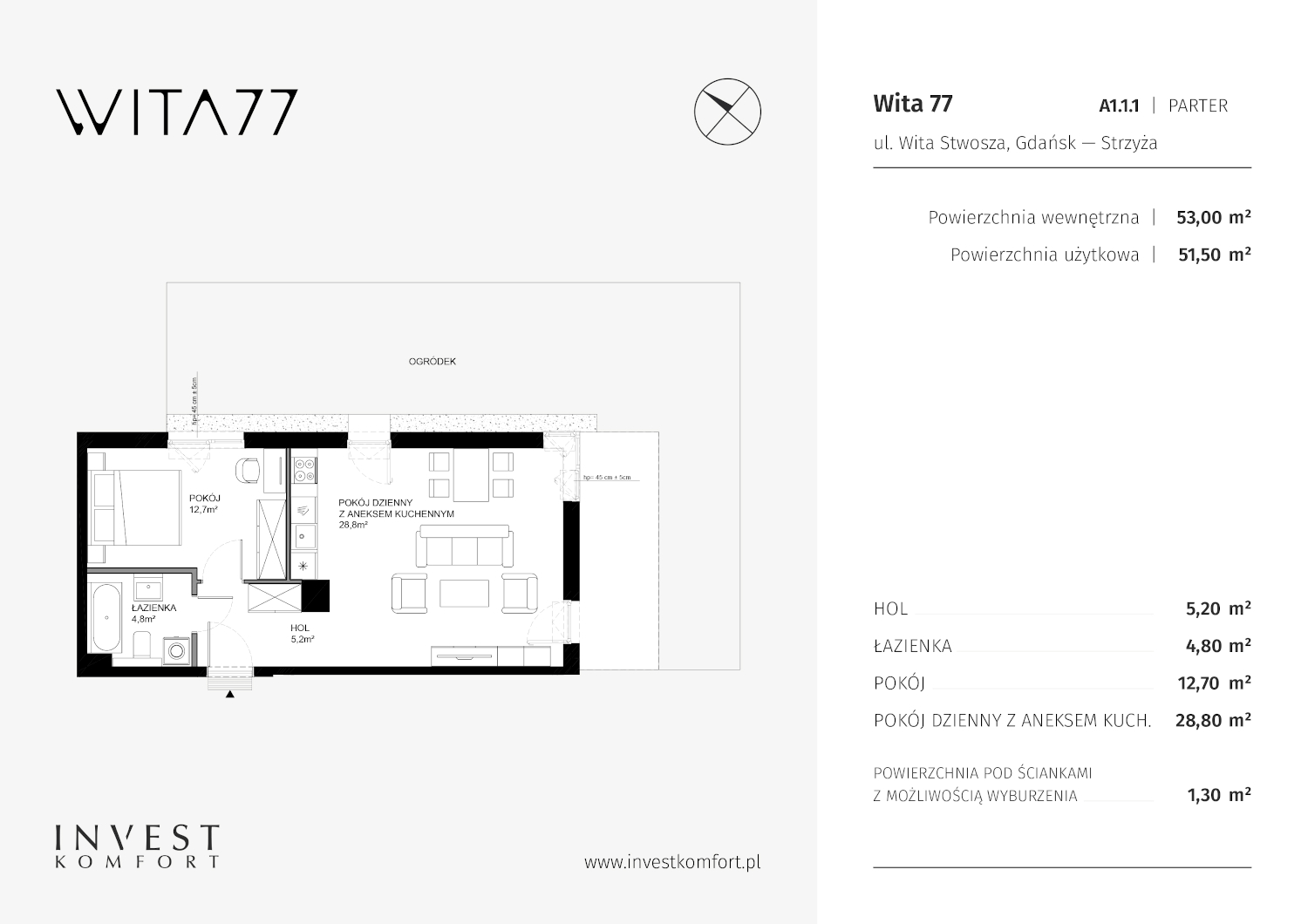 Apartament 53,00 m², parter, oferta nr WITA_A_A1.1.1, Wita 77, Gdańsk, Strzyża, ul. Wita Stwosza 77-idx