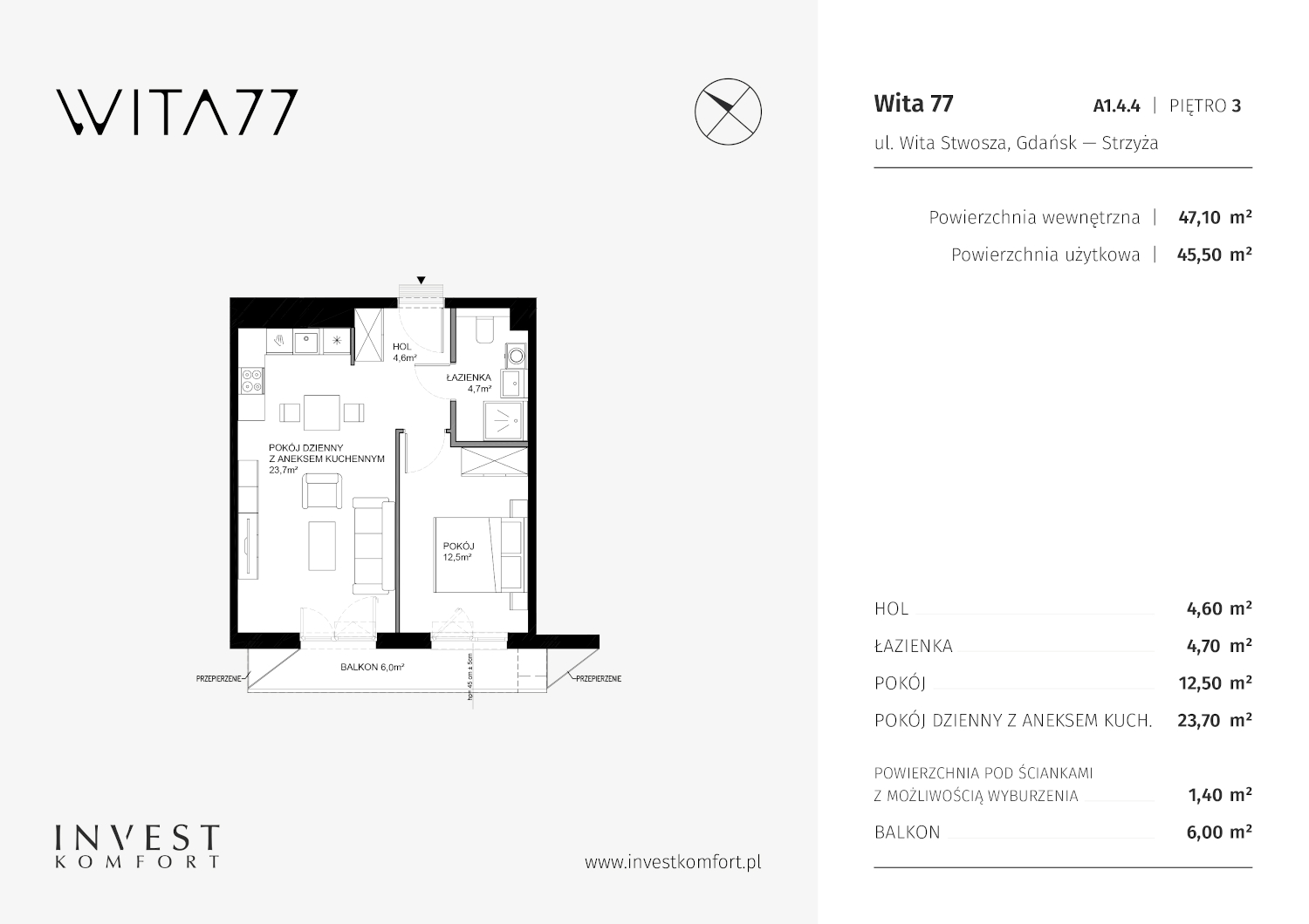 Apartament 47,10 m², piętro 3, oferta nr WITA_A_A1.4.4, Wita 77, Gdańsk, Strzyża, ul. Wita Stwosza 77-idx