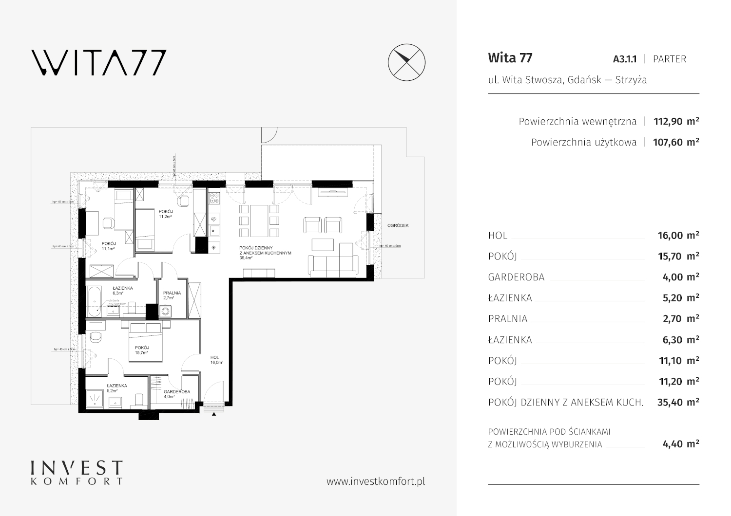 Apartament 112,90 m², parter, oferta nr WITA_A_A3.1.1, Wita 77, Gdańsk, Strzyża, ul. Wita Stwosza 77-idx