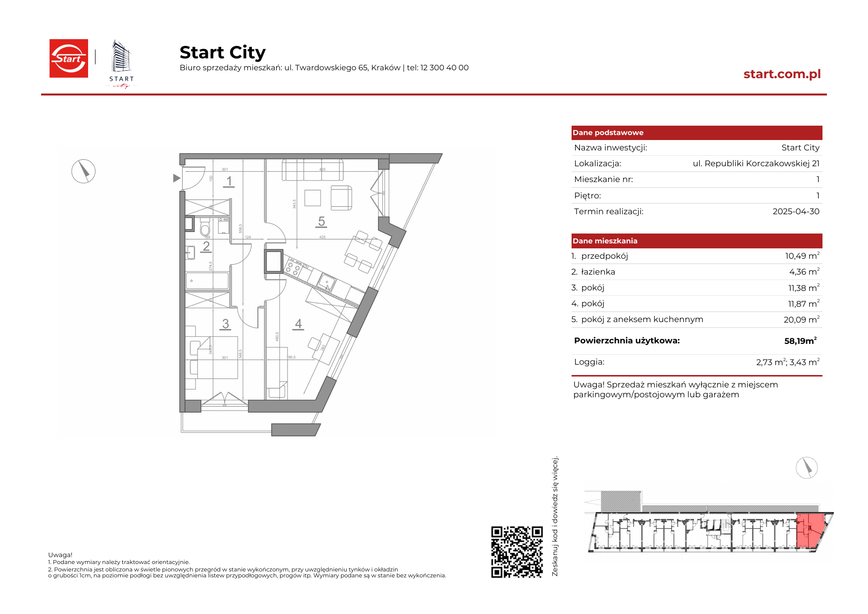 Mieszkanie 58,19 m², piętro 1, oferta nr 21/1, Start City, Kraków, Bieżanów-Prokocim, ul. Republiki Korczakowskiej 21-idx