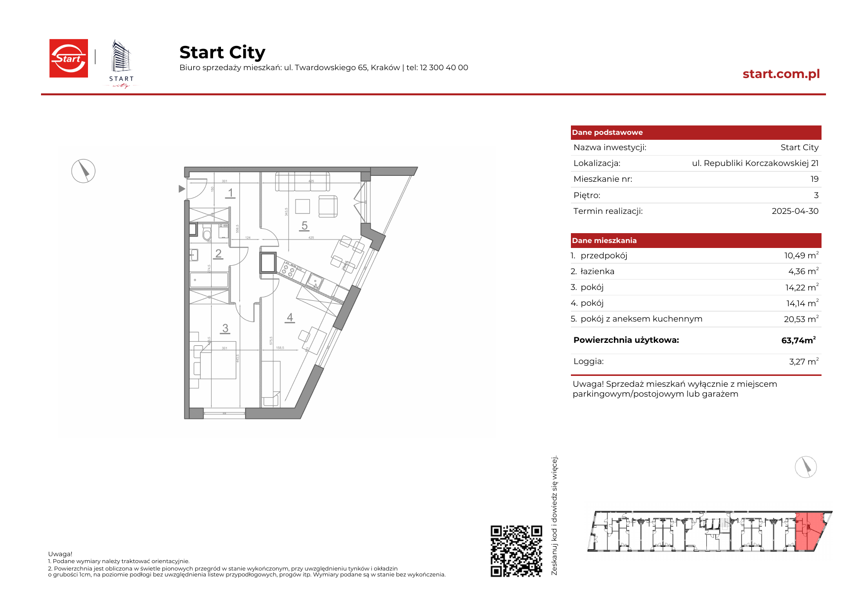 Mieszkanie 63,74 m², piętro 3, oferta nr 21/19, Start City, Kraków, Bieżanów-Prokocim, ul. Republiki Korczakowskiej 21-idx