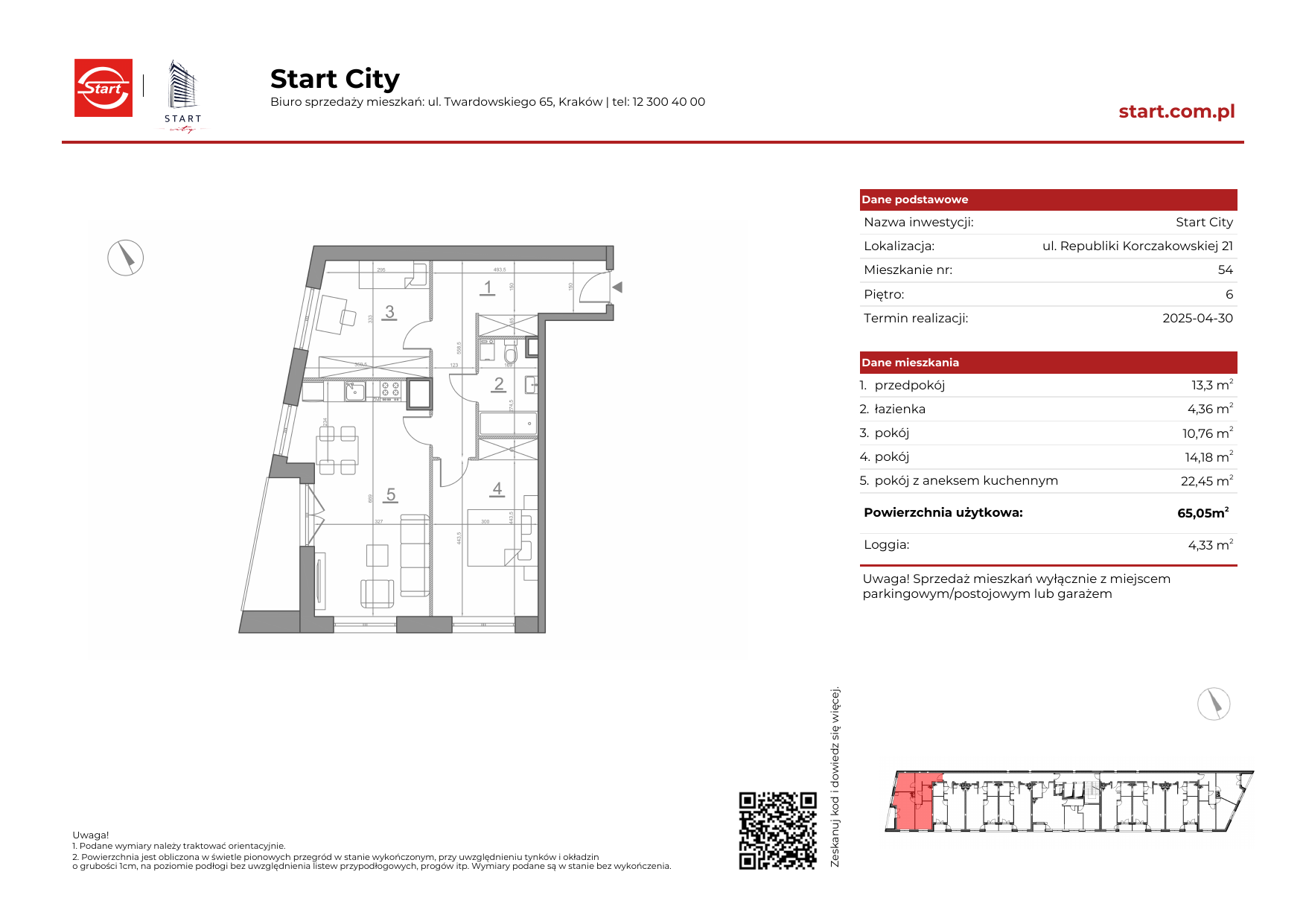 Mieszkanie 65,05 m², piętro 6, oferta nr 21/54, Start City, Kraków, Bieżanów-Prokocim, ul. Republiki Korczakowskiej 21-idx