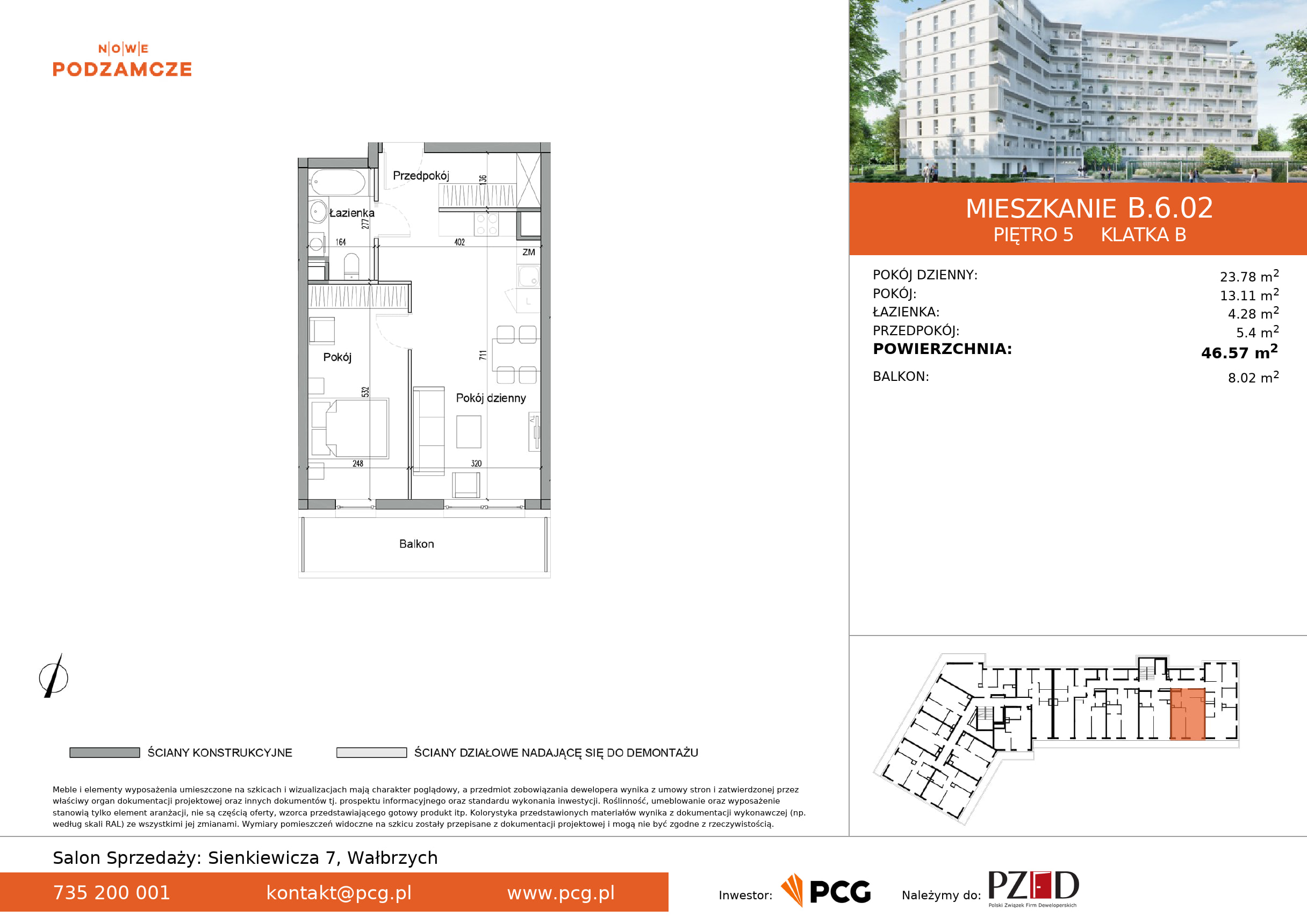 Mieszkanie 46,57 m², piętro 5, oferta nr B.6.02, Nowe Podzamcze, Wałbrzych, al. Podwale 2, 4-idx