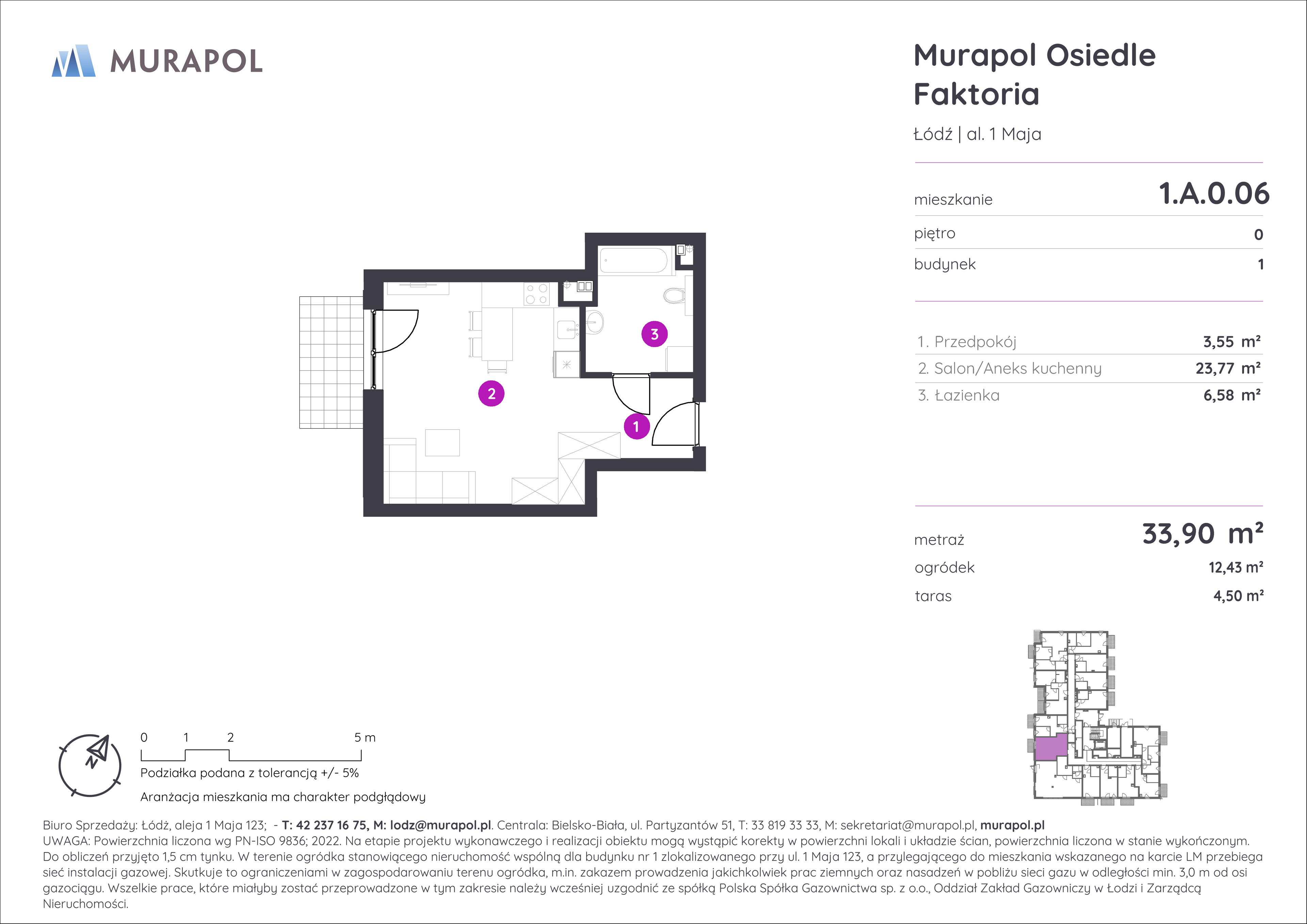 Mieszkanie 33,90 m², parter, oferta nr 1.A.0.06, Murapol Osiedle Faktoria, Łódź, Polesie, Stare Polesie, al. 1 Maja-idx