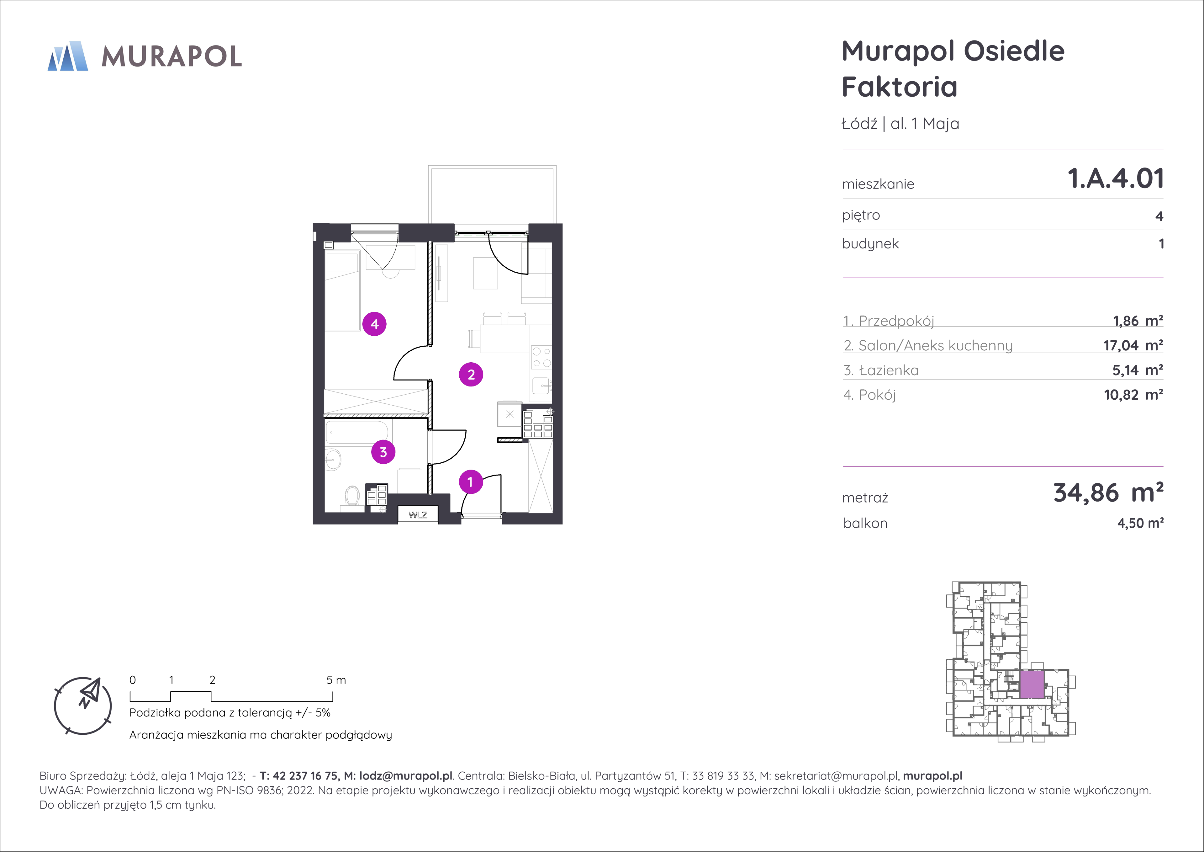 Mieszkanie 34,86 m², piętro 4, oferta nr 1.A.4.01, Murapol Osiedle Faktoria, Łódź, Polesie, Stare Polesie, al. 1 Maja-idx