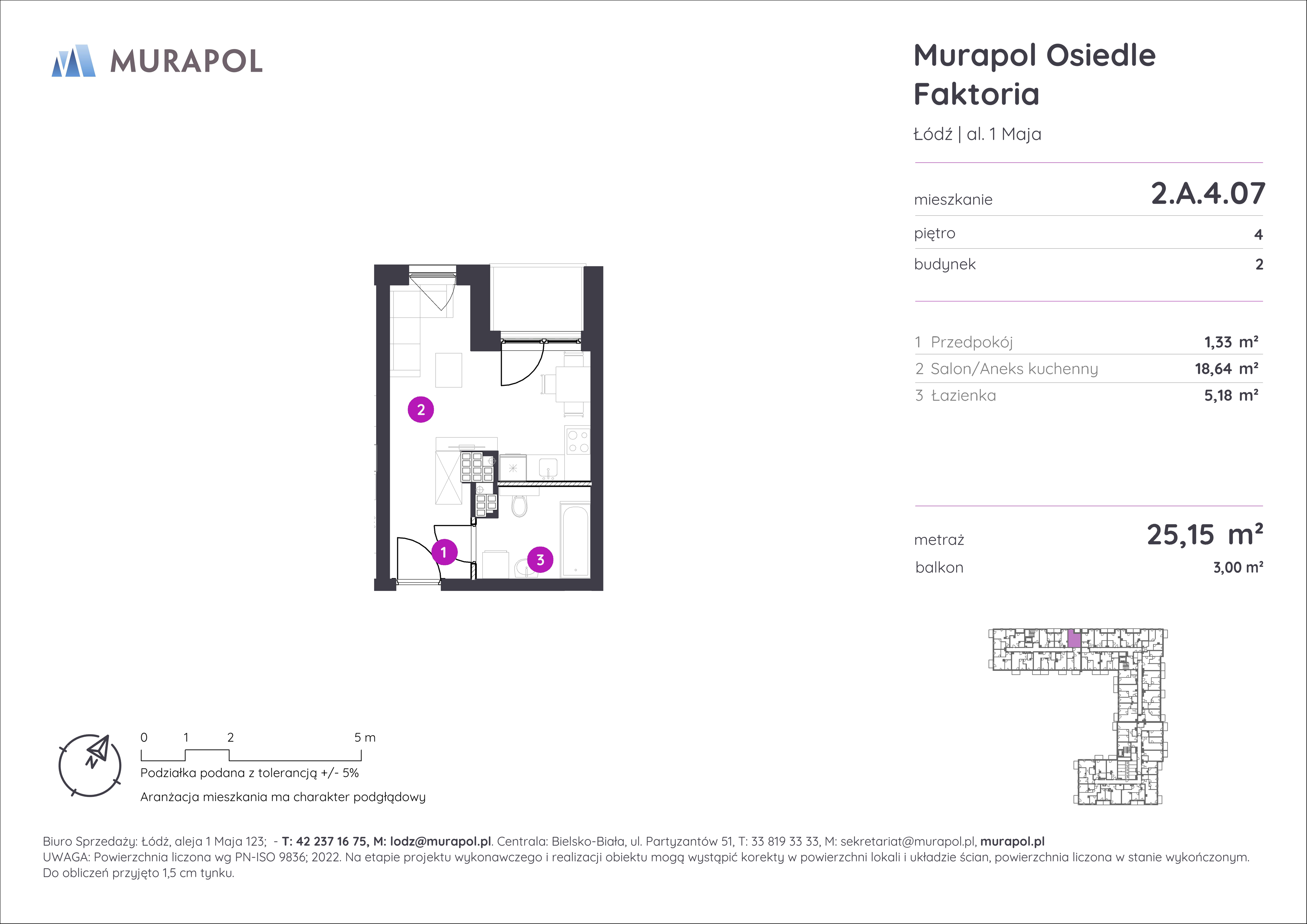 Mieszkanie 25,15 m², piętro 4, oferta nr 2.A.4.07, Murapol Osiedle Faktoria, Łódź, Polesie, Stare Polesie, al. 1 Maja-idx