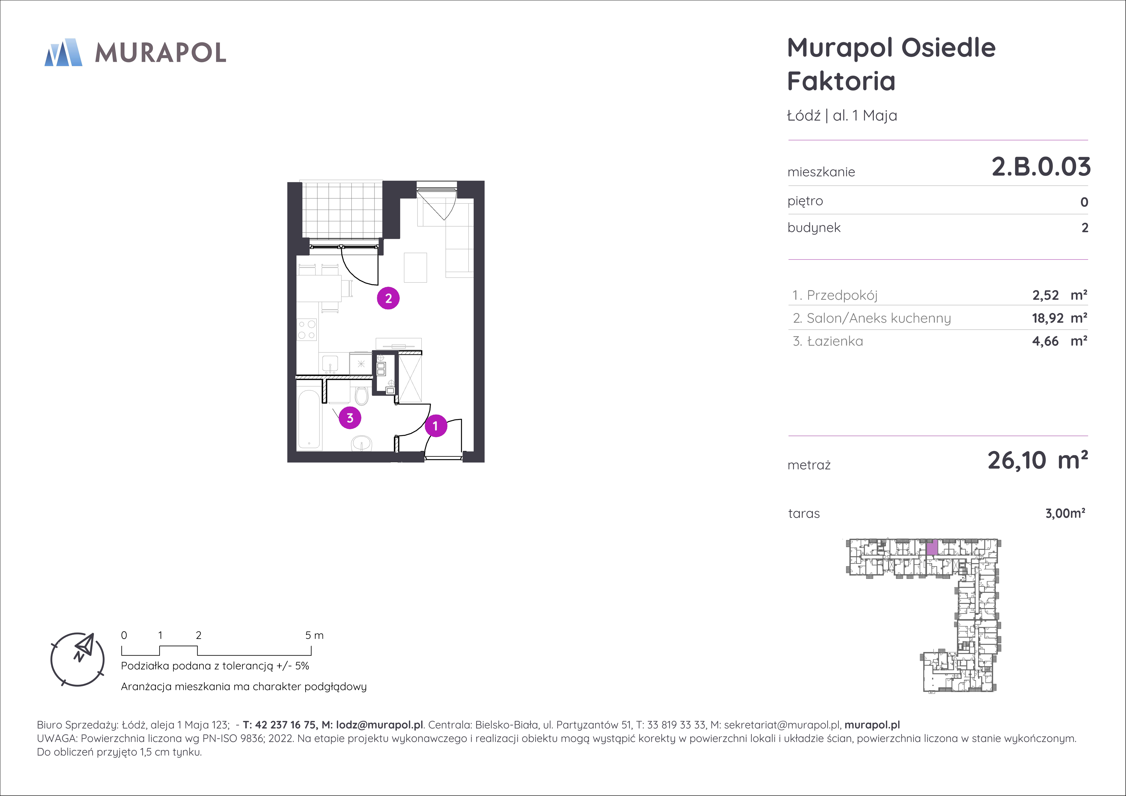 Mieszkanie 26,10 m², parter, oferta nr 2.B.0.03, Murapol Osiedle Faktoria, Łódź, Polesie, Stare Polesie, al. 1 Maja-idx