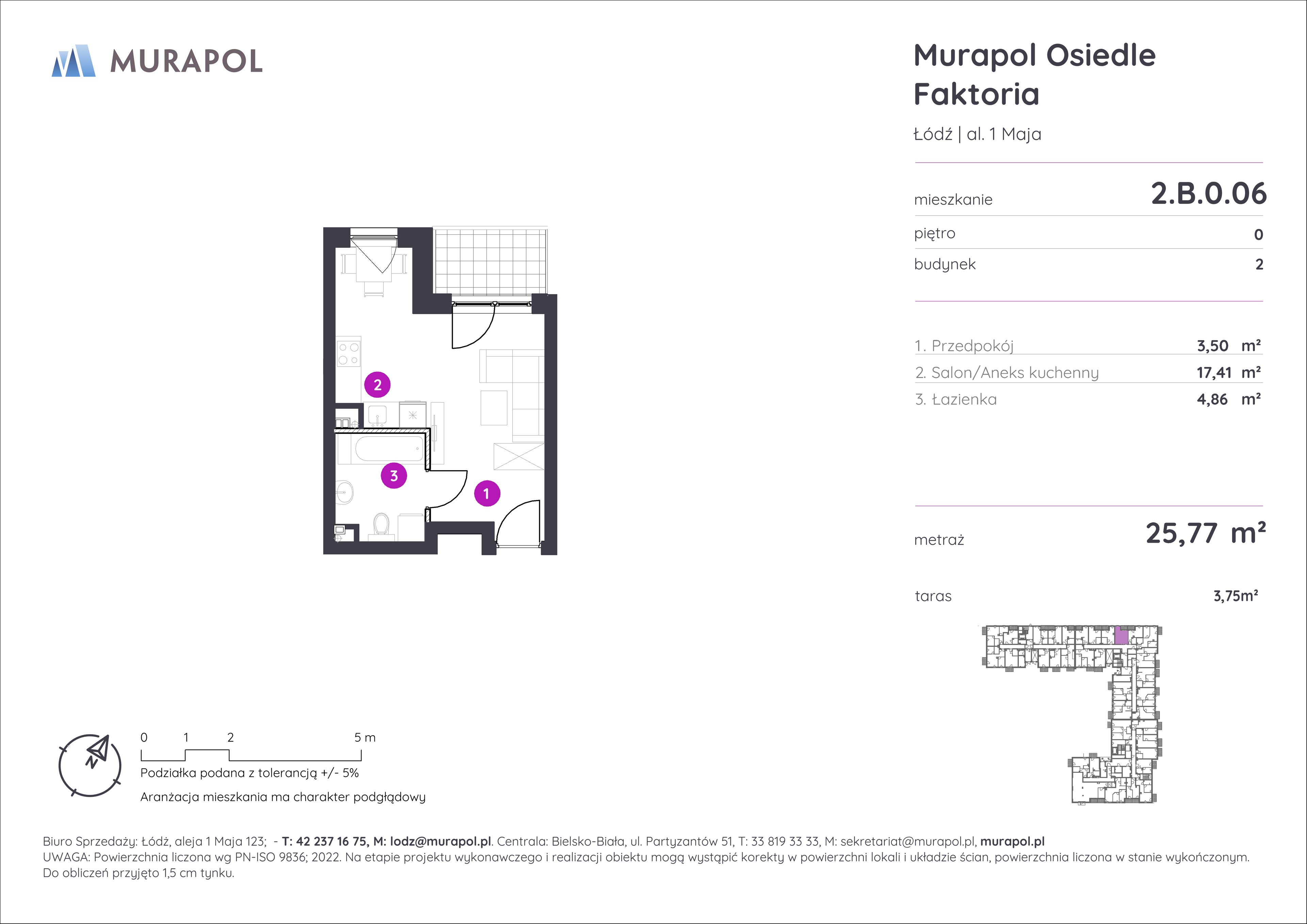 Mieszkanie 25,77 m², parter, oferta nr 2.B.0.06, Murapol Osiedle Faktoria, Łódź, Polesie, Stare Polesie, al. 1 Maja-idx