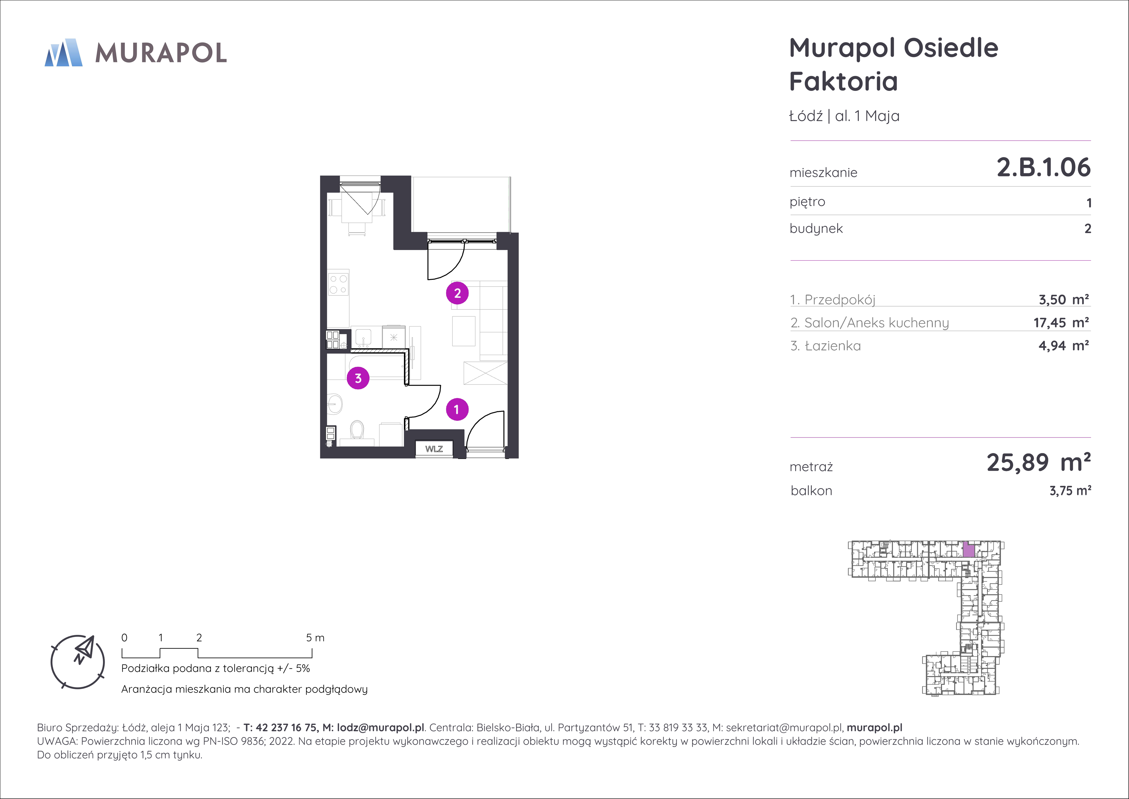 Mieszkanie 25,89 m², piętro 1, oferta nr 2.B.1.06, Murapol Osiedle Faktoria, Łódź, Polesie, Stare Polesie, al. 1 Maja-idx