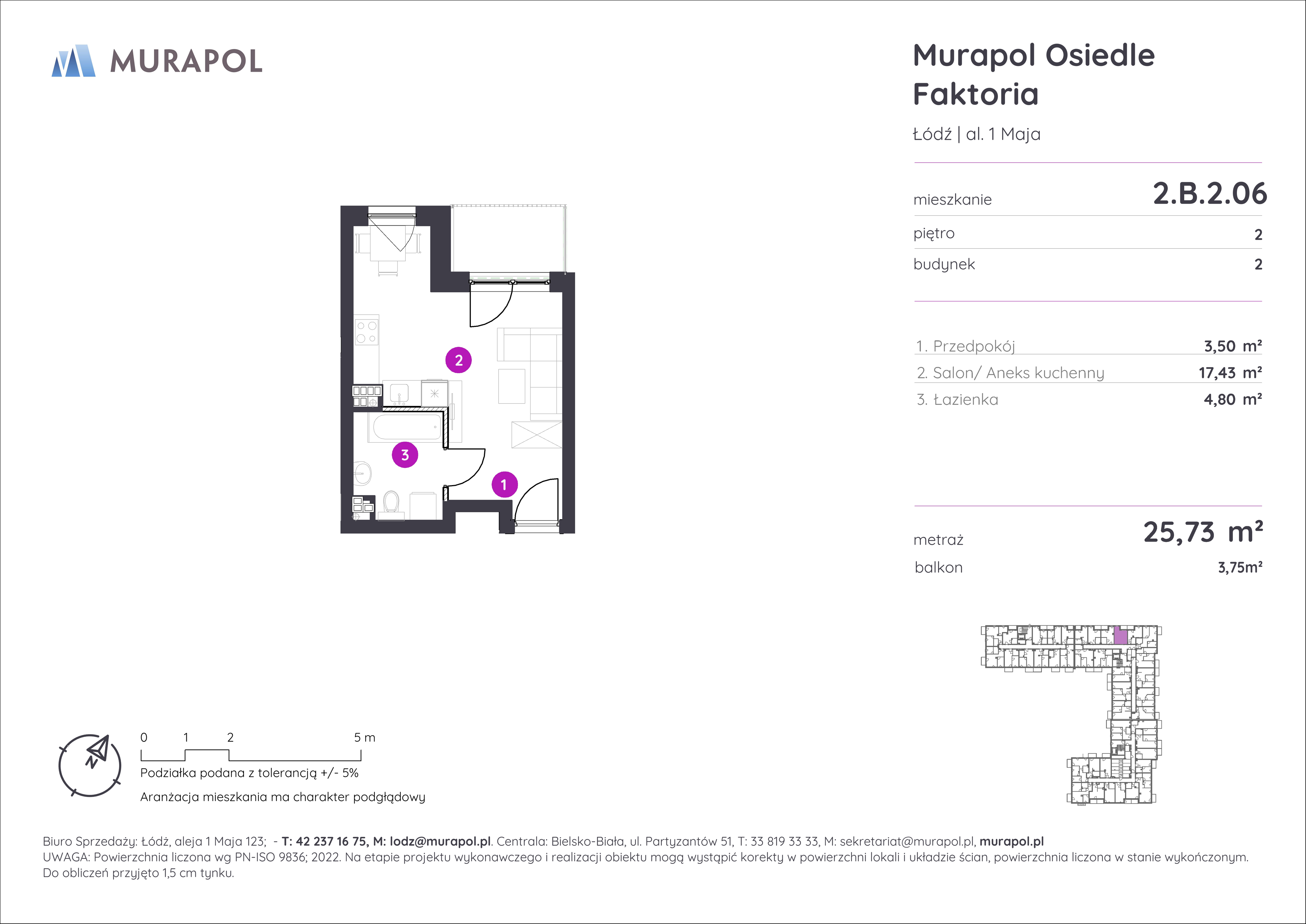 Mieszkanie 25,73 m², piętro 2, oferta nr 2.B.2.06, Murapol Osiedle Faktoria, Łódź, Polesie, Stare Polesie, al. 1 Maja-idx