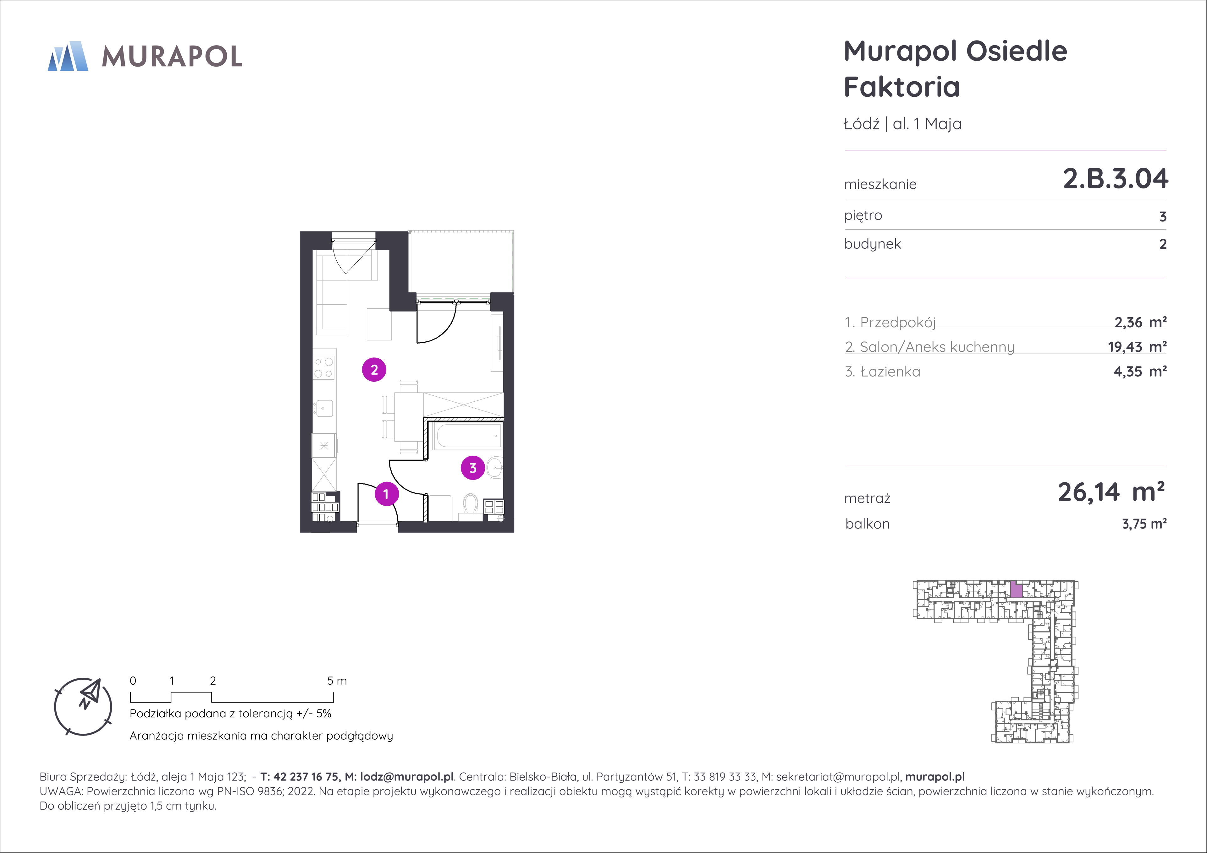 Mieszkanie 26,14 m², piętro 3, oferta nr 2.B.3.04, Murapol Osiedle Faktoria, Łódź, Polesie, Stare Polesie, al. 1 Maja-idx