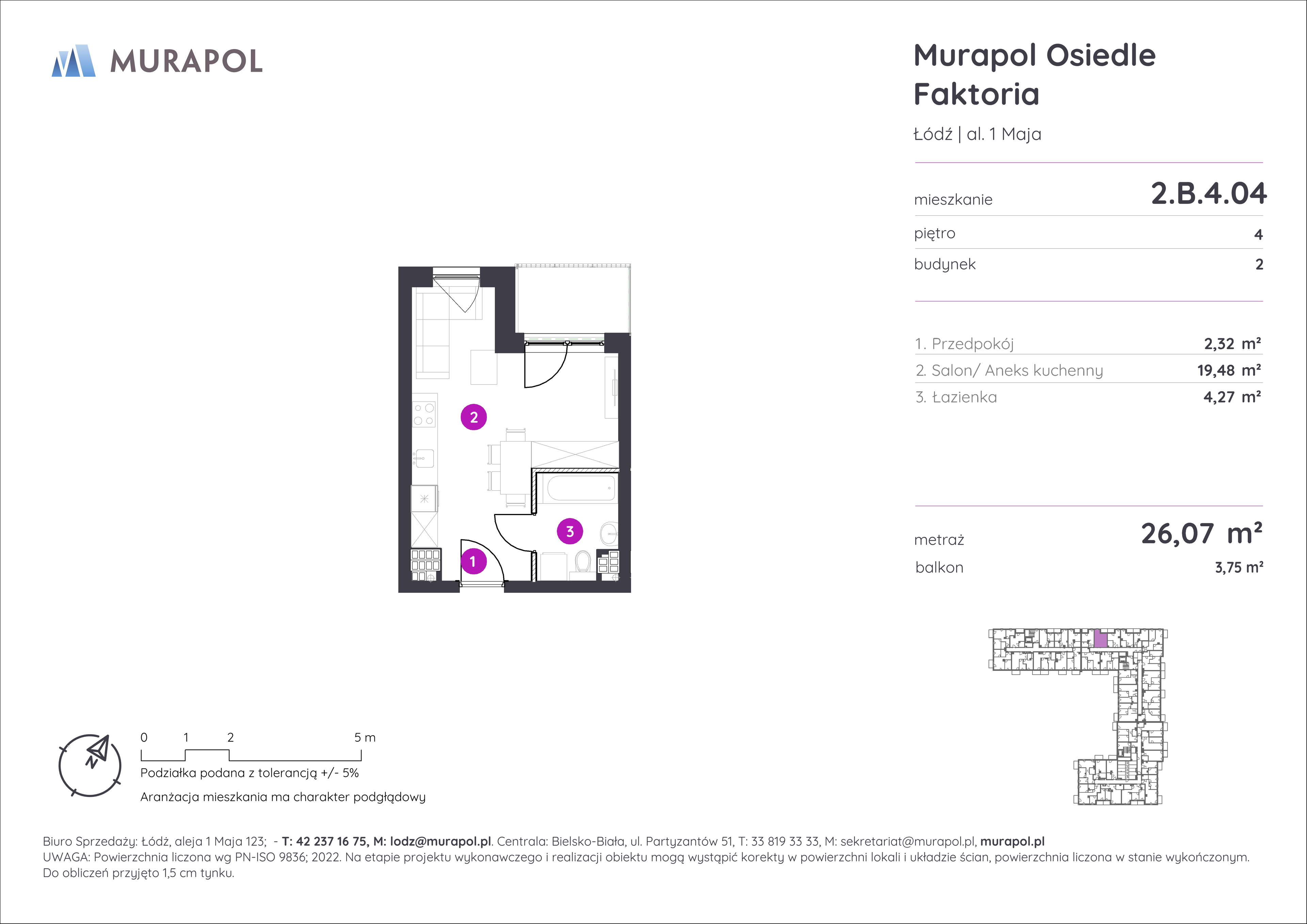 Mieszkanie 26,07 m², piętro 4, oferta nr 2.B.4.04, Murapol Osiedle Faktoria, Łódź, Polesie, Stare Polesie, al. 1 Maja-idx