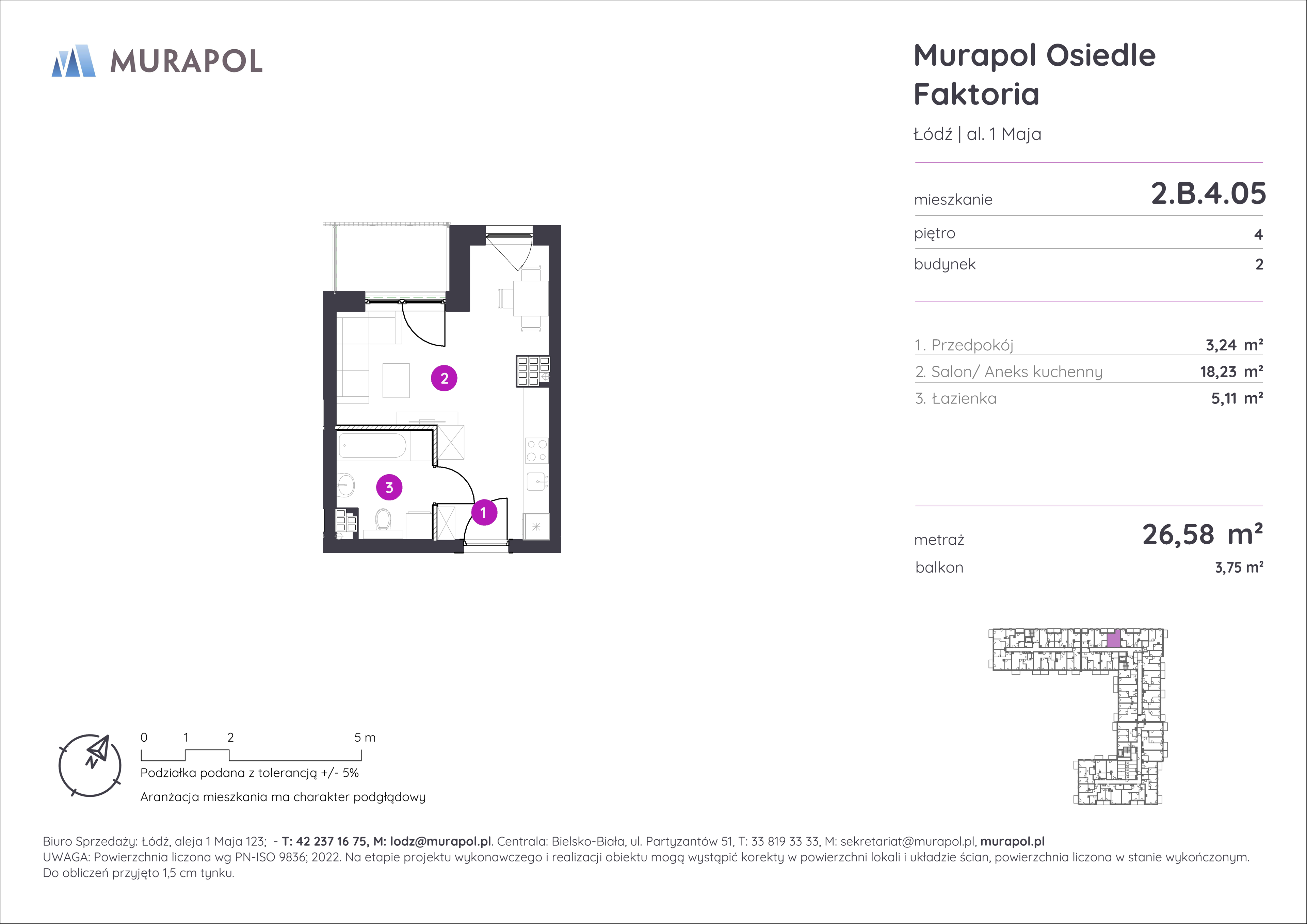 Mieszkanie 26,58 m², piętro 4, oferta nr 2.B.4.05, Murapol Osiedle Faktoria, Łódź, Polesie, Stare Polesie, al. 1 Maja-idx