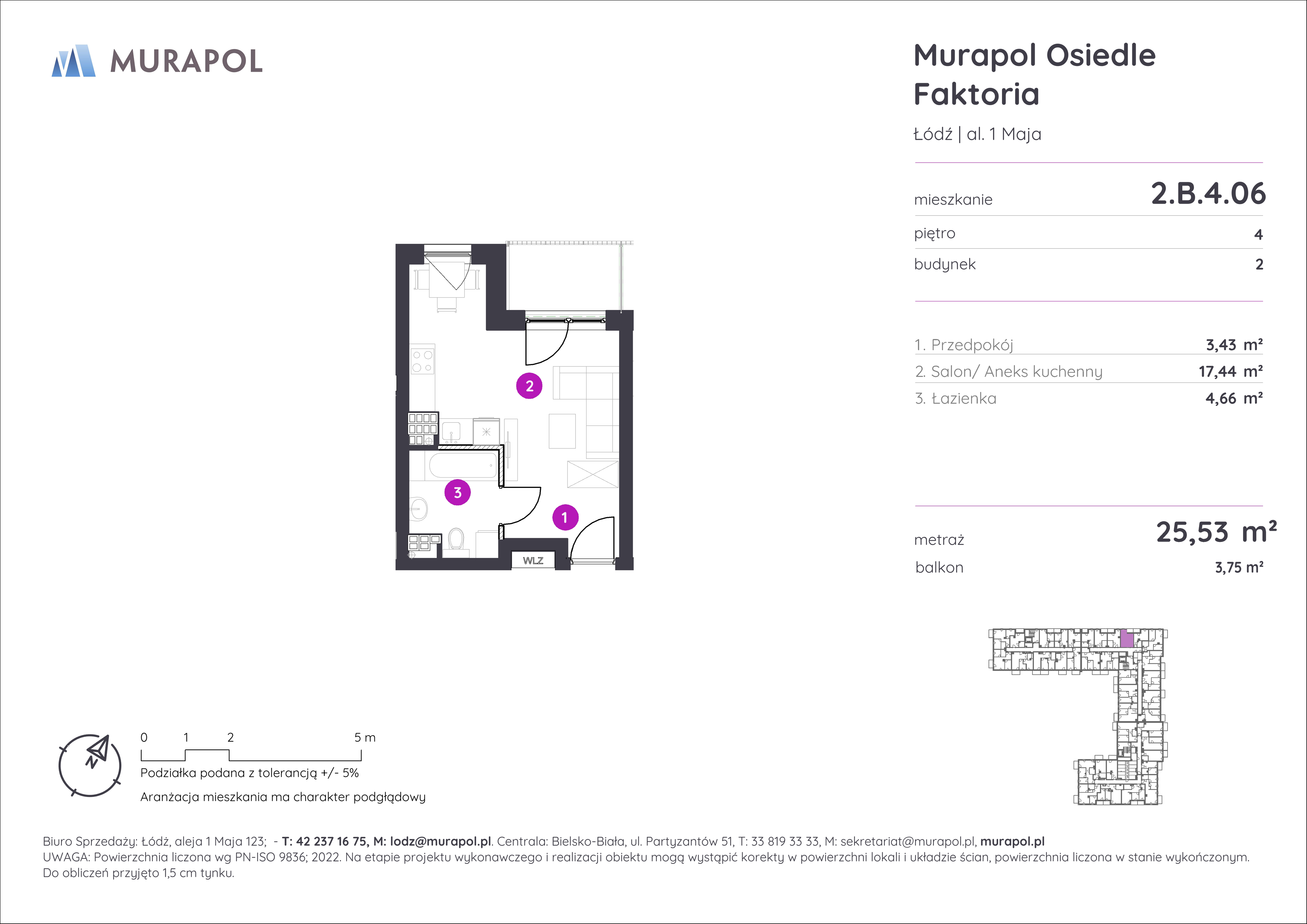 Mieszkanie 25,53 m², piętro 4, oferta nr 2.B.4.06, Murapol Osiedle Faktoria, Łódź, Polesie, Stare Polesie, al. 1 Maja-idx