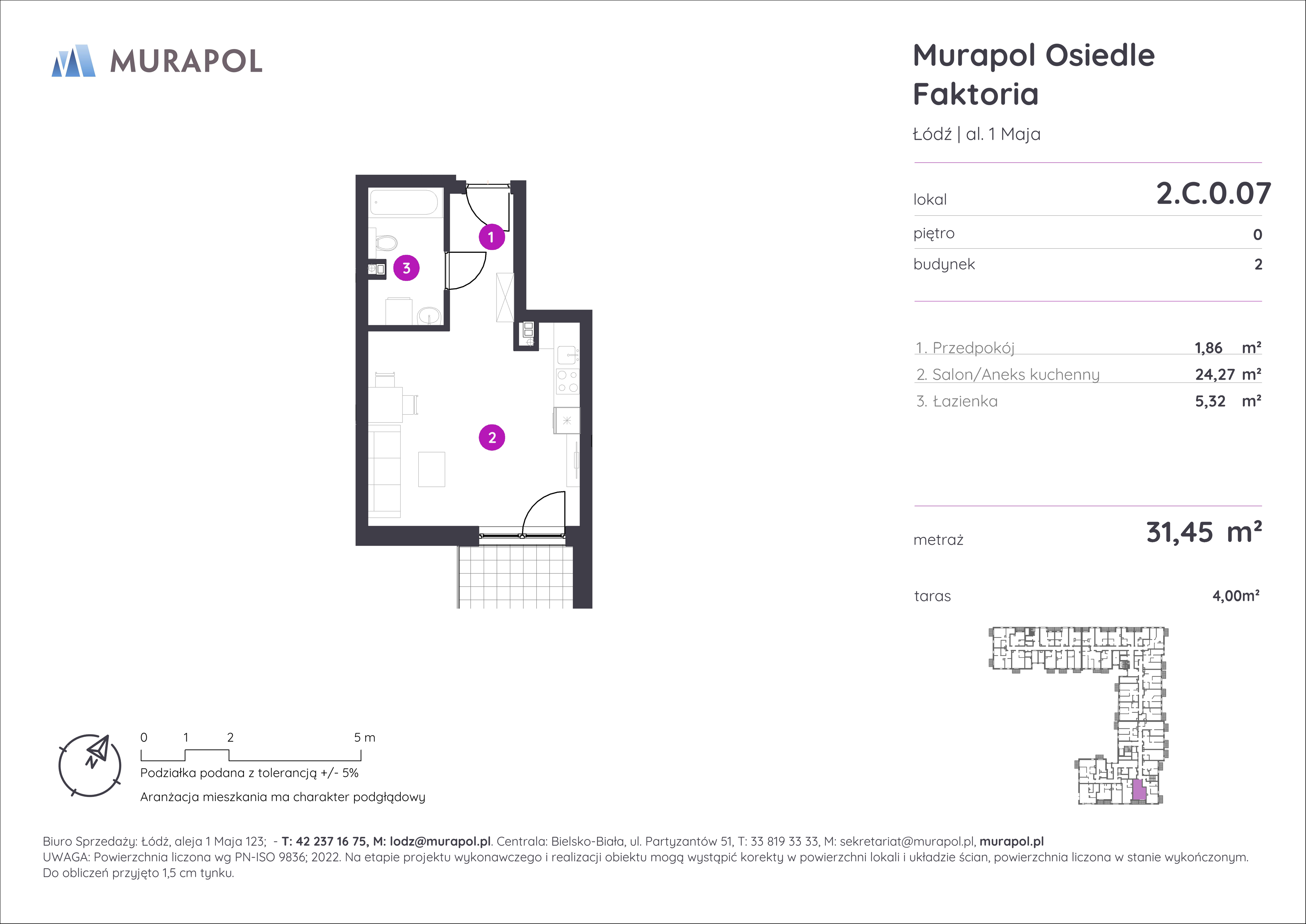 Mieszkanie 31,45 m², parter, oferta nr 2.C.0.07, Murapol Osiedle Faktoria, Łódź, Polesie, Stare Polesie, al. 1 Maja-idx