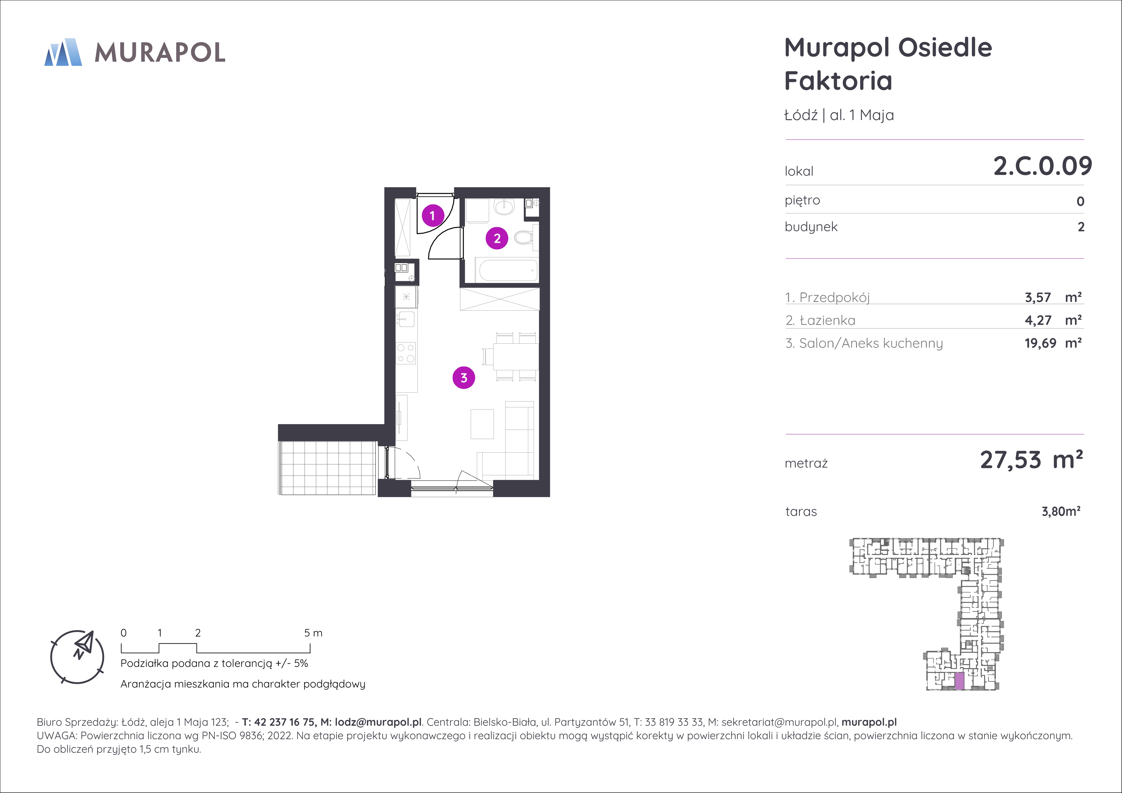 Mieszkanie 27,53 m², parter, oferta nr 2.C.0.09, Murapol Osiedle Faktoria, Łódź, Polesie, Stare Polesie, al. 1 Maja-idx