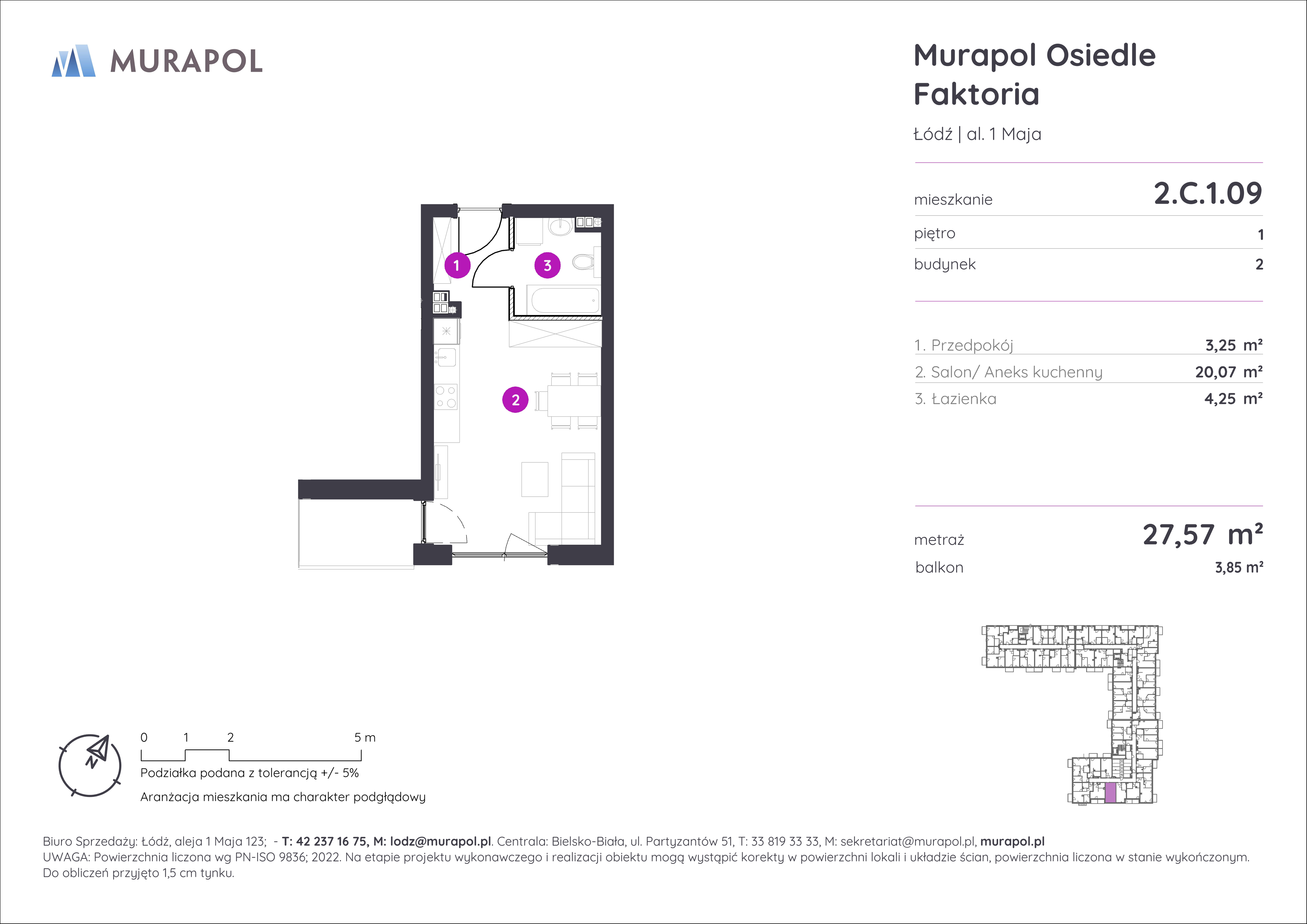 Mieszkanie 27,57 m², piętro 1, oferta nr 2.C.1.09, Murapol Osiedle Faktoria, Łódź, Polesie, Stare Polesie, al. 1 Maja-idx