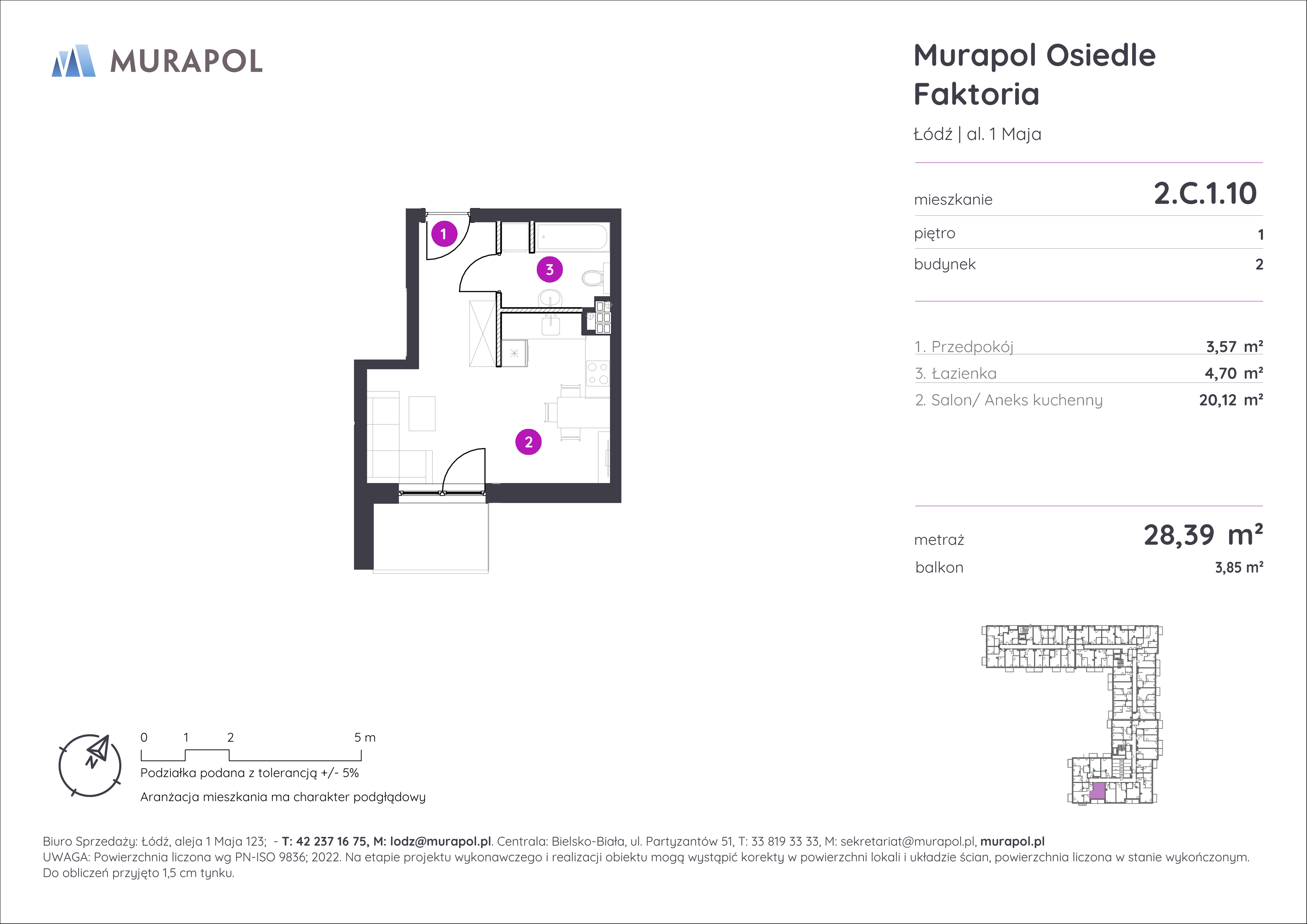 Mieszkanie 28,39 m², piętro 1, oferta nr 2.C.1.10, Murapol Osiedle Faktoria, Łódź, Polesie, Stare Polesie, al. 1 Maja-idx