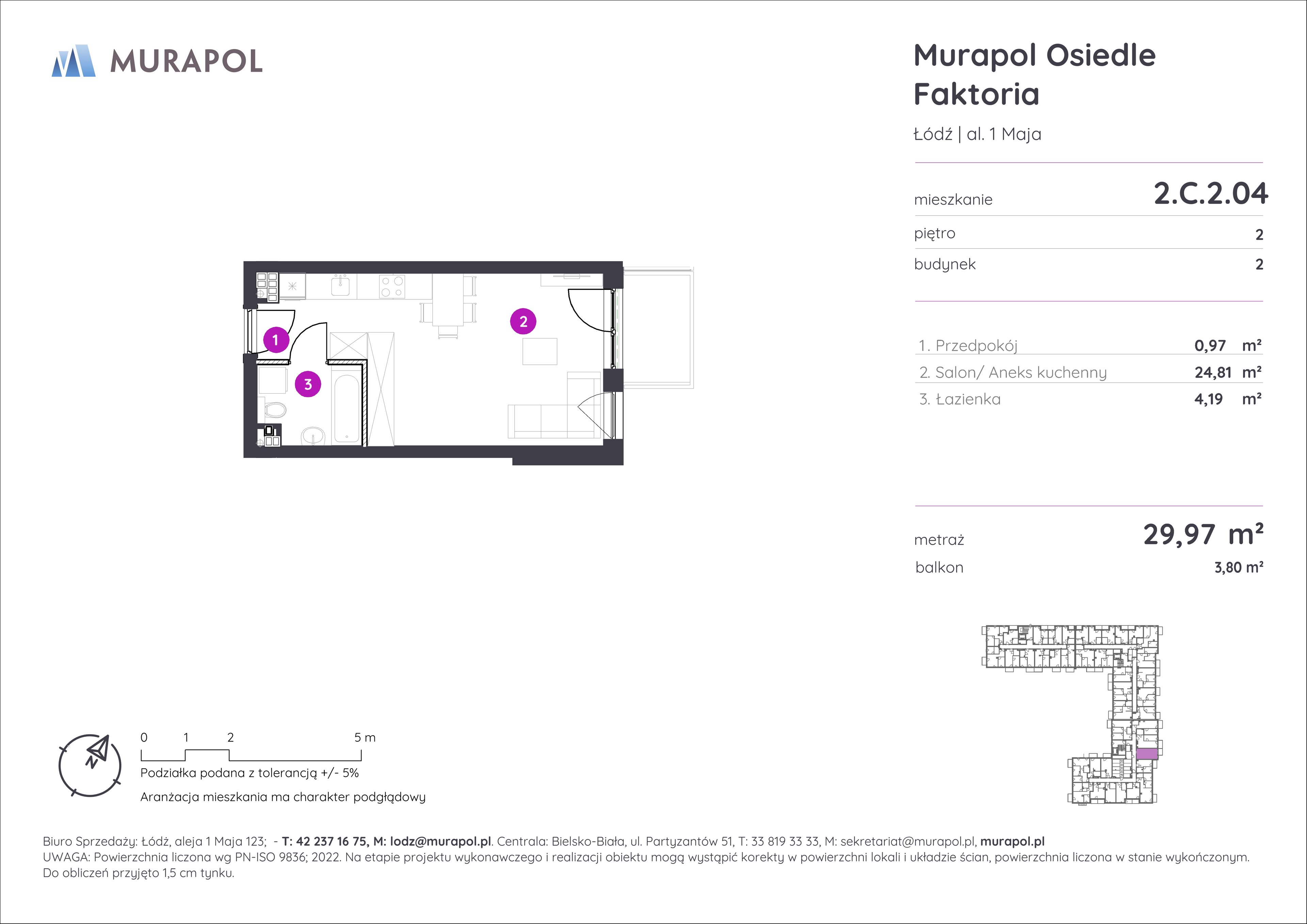 Mieszkanie 29,97 m², piętro 2, oferta nr 2.C.2.04, Murapol Osiedle Faktoria, Łódź, Polesie, Stare Polesie, al. 1 Maja-idx