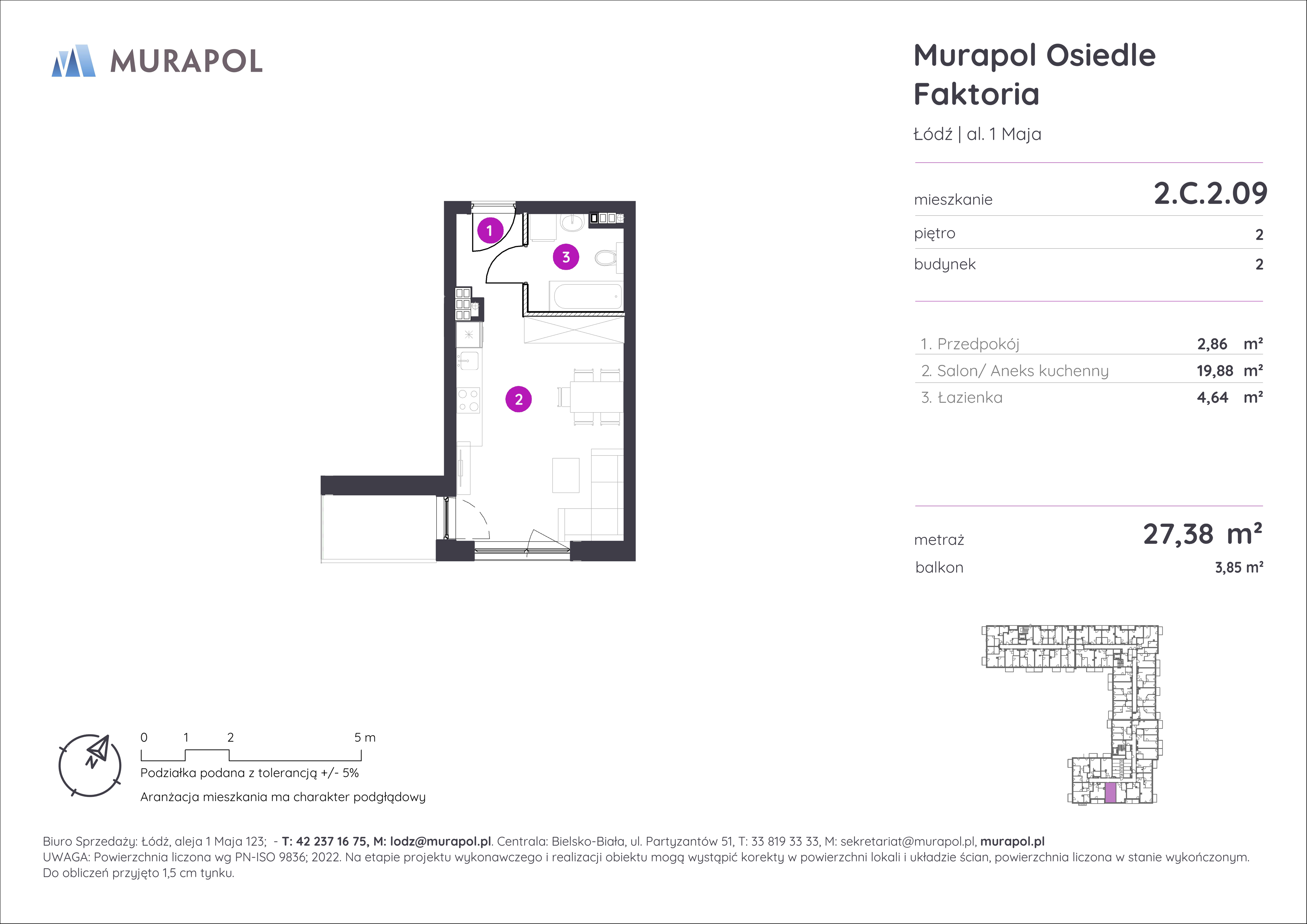 Mieszkanie 27,38 m², piętro 2, oferta nr 2.C.2.09, Murapol Osiedle Faktoria, Łódź, Polesie, Stare Polesie, al. 1 Maja-idx