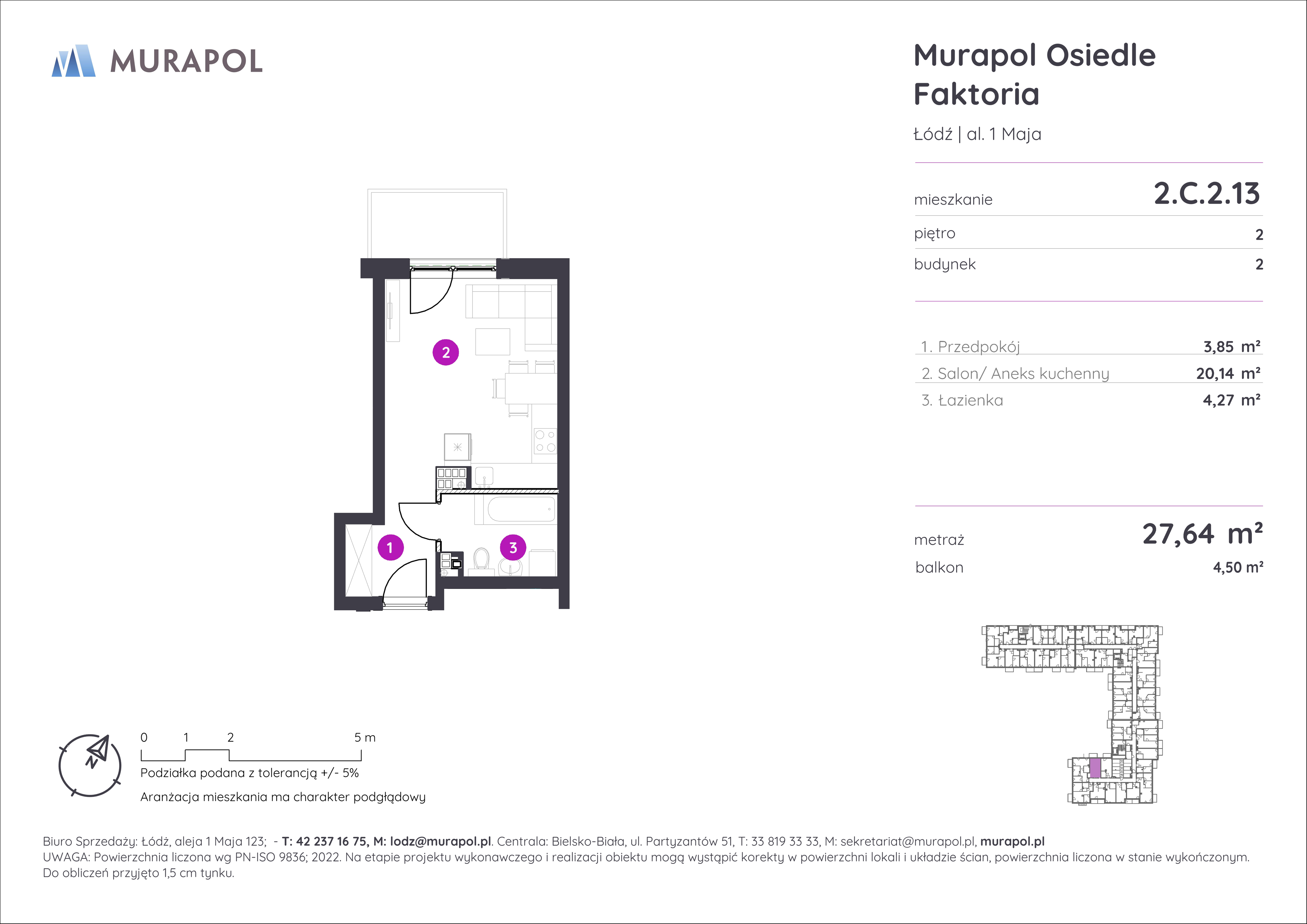 Mieszkanie 27,64 m², piętro 2, oferta nr 2.C.2.13, Murapol Osiedle Faktoria, Łódź, Polesie, Stare Polesie, al. 1 Maja-idx