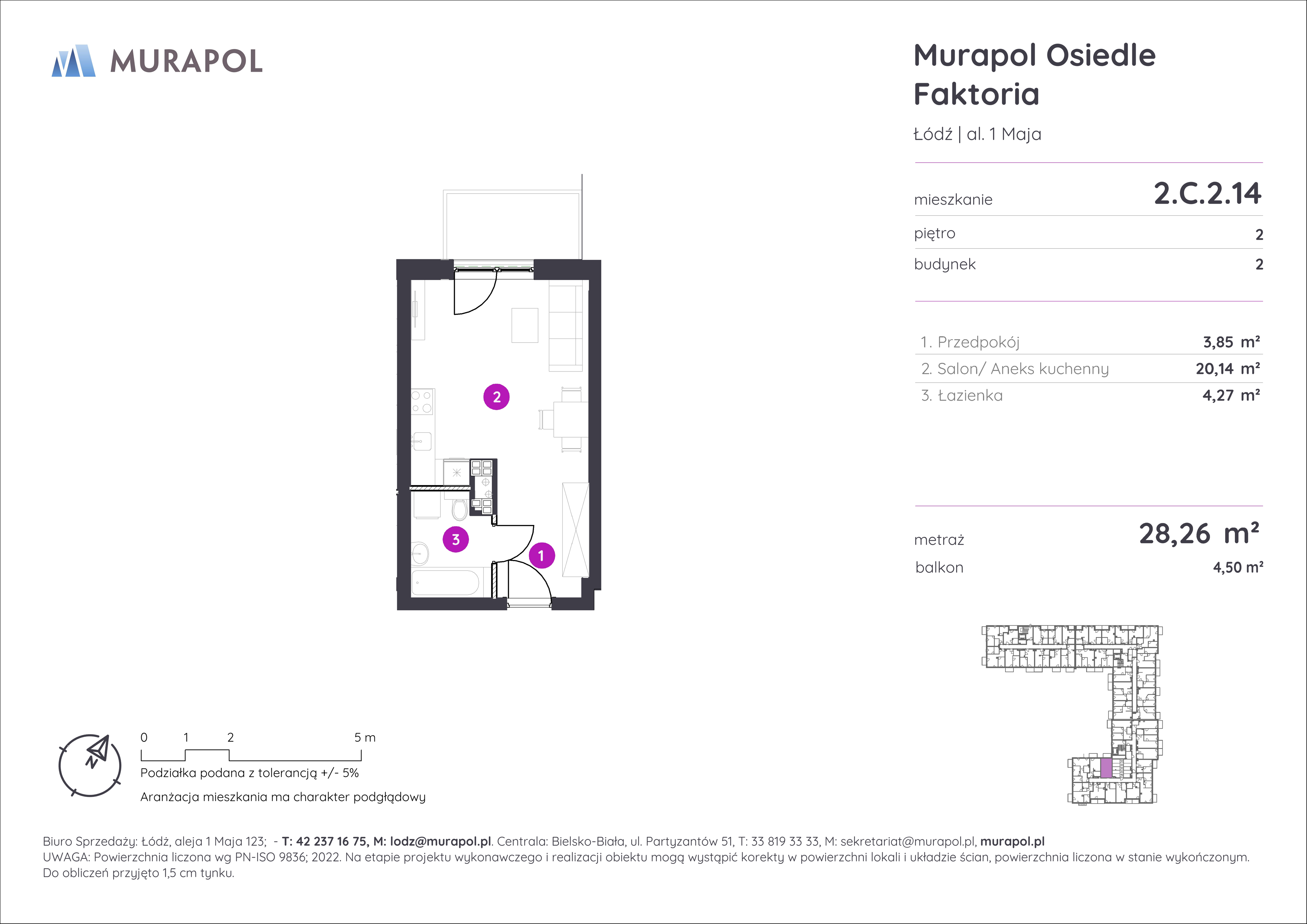 Mieszkanie 28,26 m², piętro 2, oferta nr 2.C.2.14, Murapol Osiedle Faktoria, Łódź, Polesie, Stare Polesie, al. 1 Maja-idx