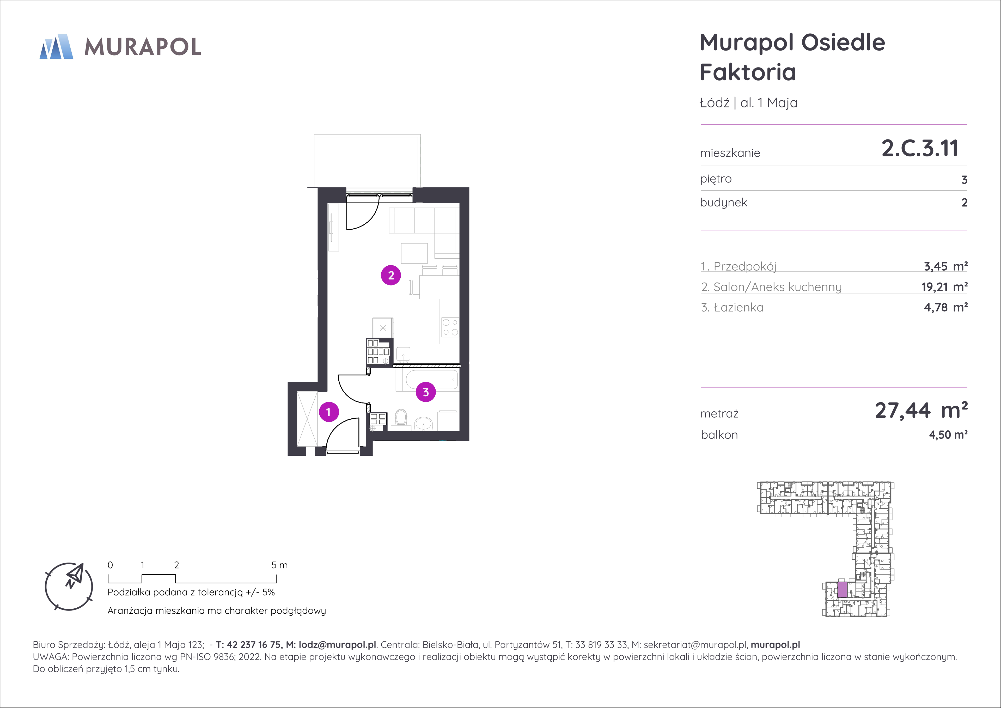 Mieszkanie 27,44 m², piętro 3, oferta nr 2.C.3.11, Murapol Osiedle Faktoria, Łódź, Polesie, Stare Polesie, al. 1 Maja-idx