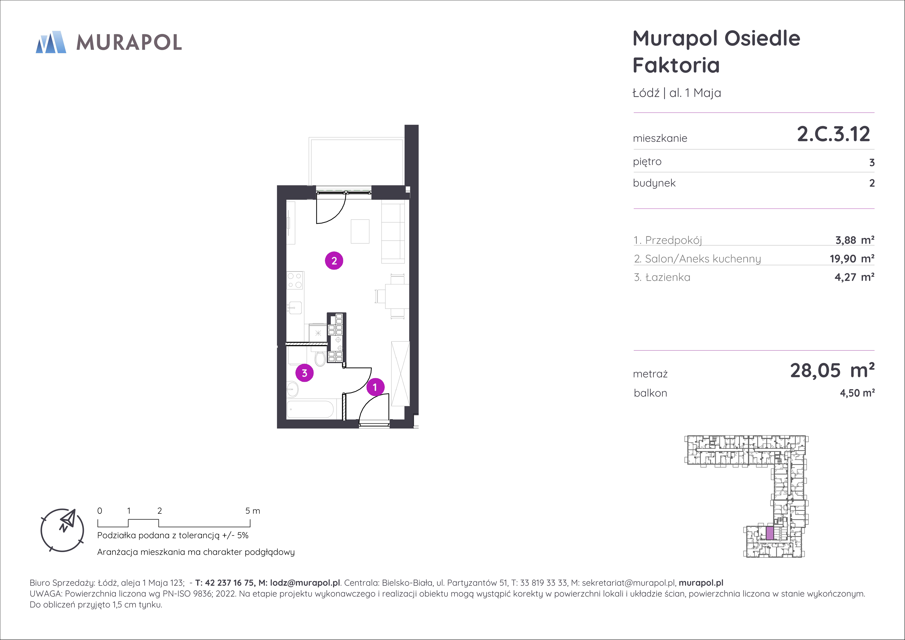 Mieszkanie 28,05 m², piętro 3, oferta nr 2.C.3.12, Murapol Osiedle Faktoria, Łódź, Polesie, Stare Polesie, al. 1 Maja-idx