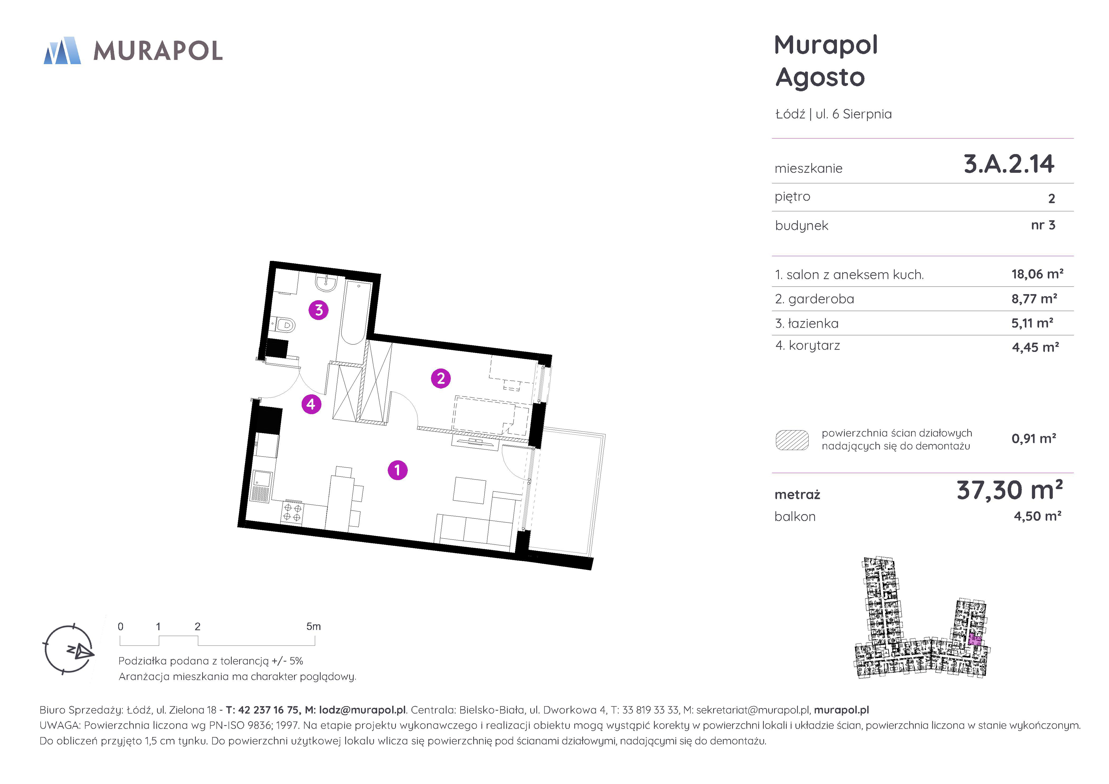 Mieszkanie 37,30 m², piętro 2, oferta nr 3.A.2.14, Murapol Agosto, Łódź, Polesie, Stare Polesie, ul. 6 Sierpnia-idx